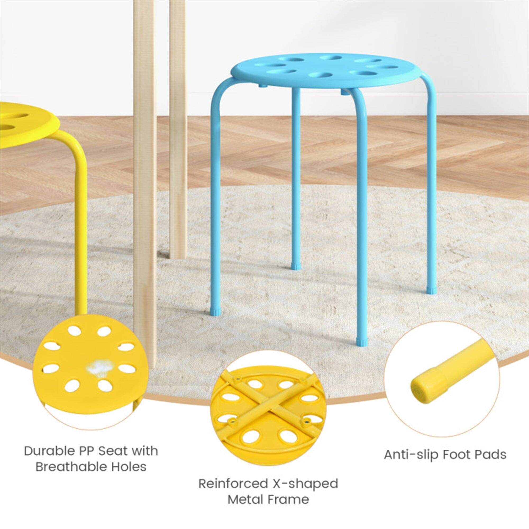 Durable PP Seat with Breathable Holes  
Reinforced X-shaped Metal Frame  
Anti-slip Foot Pads