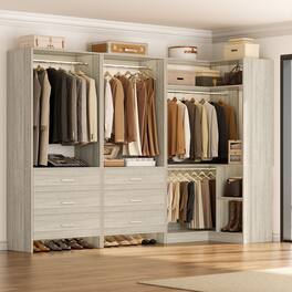 Aheaplus - 55.2'' - 80.9'' W Corner Closet Organizer System with 6 Wooden Drawers and 4 Hanging Rods - Beige Oak