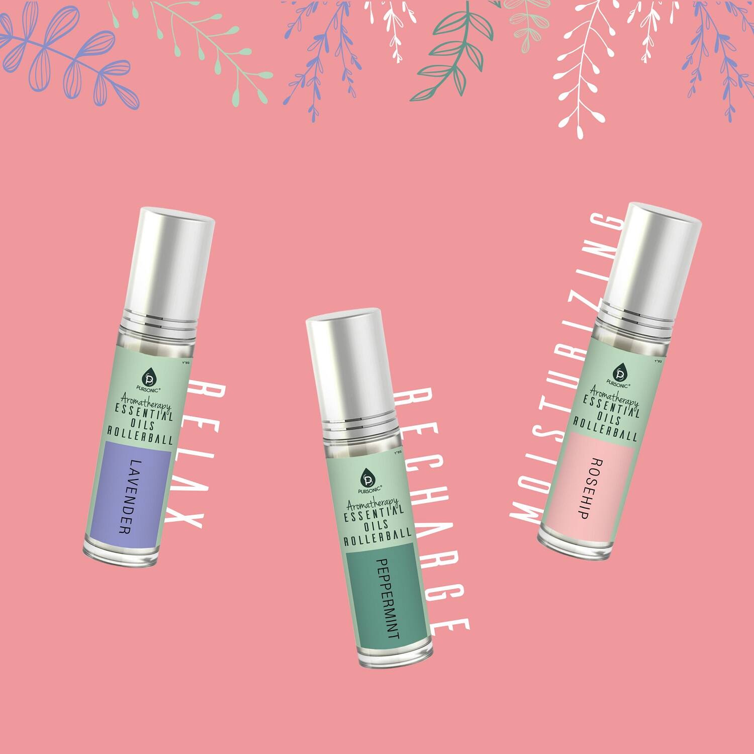 - Aromatherapy Essential Oils Rollerball Lavender Relax
- Aromatherapy Essential Oils Rollerball Peppermint Recharge
- Aromatherapy Essential Oils Rollerball Rosehip Rejuvenating