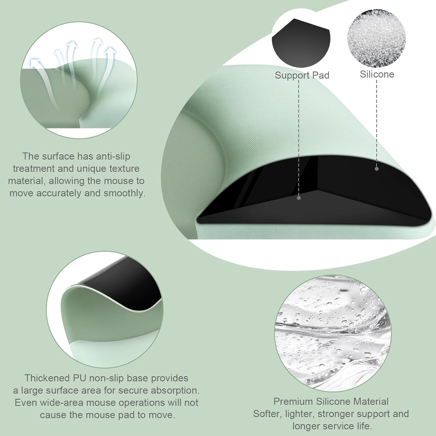 Support Pad Silicone

The surface has anti-slip treatment and unique texture material, allowing the mouse to move accurately and smoothly.

Thickened PU non-slip base provides a large surface area for secure absorption. Even wide-area mouse operations will not cause the mouse pad to move.

Premium Silicone Material
Softer, lighter, stronger support and longer service life.