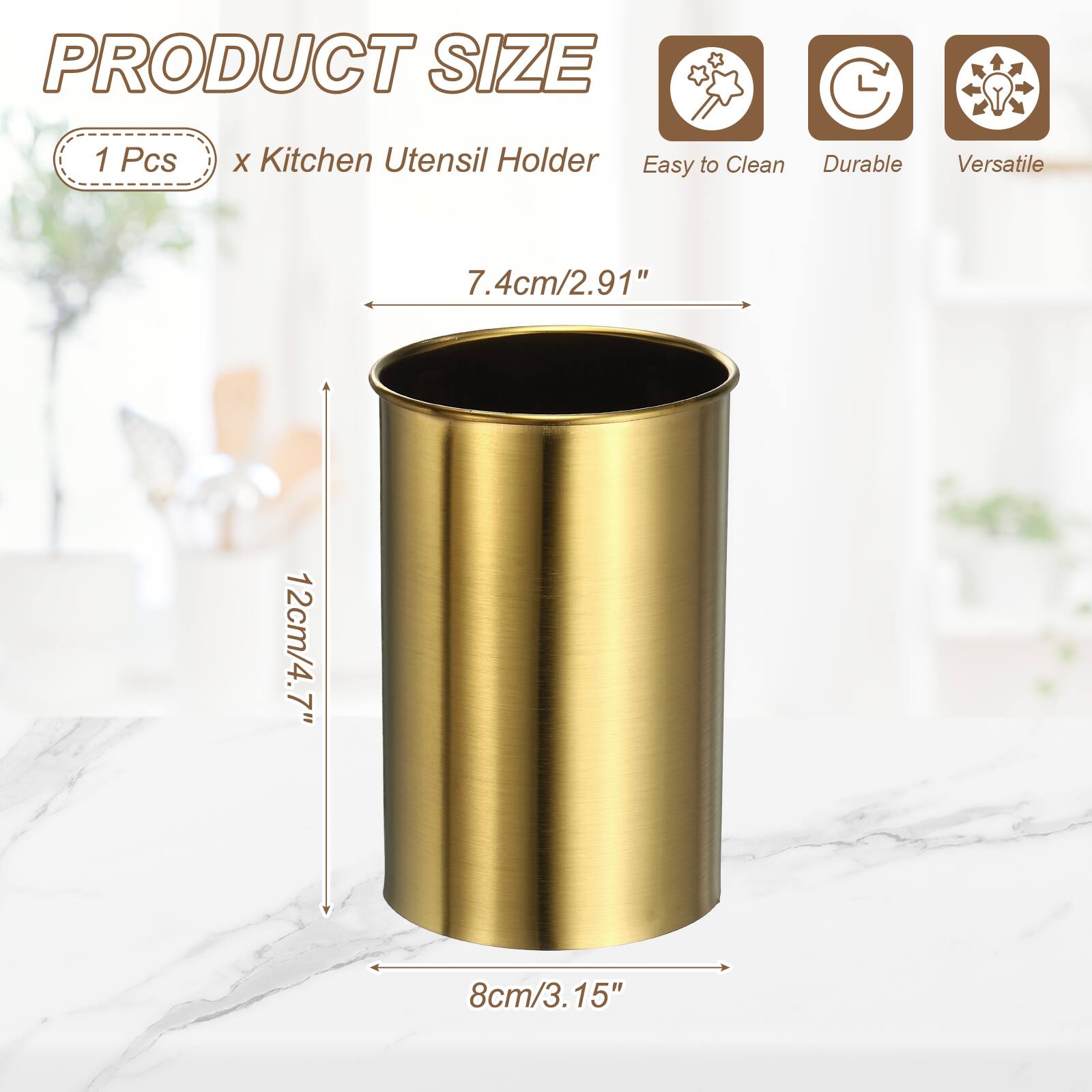 PRODUCT SIZE  
1 Pcs x Kitchen Utensil Holder  
Easy to Clean  
Durable  
Versatile  

7.4cm/2.91"  
12cm/4.7"  
8cm/3.15"
