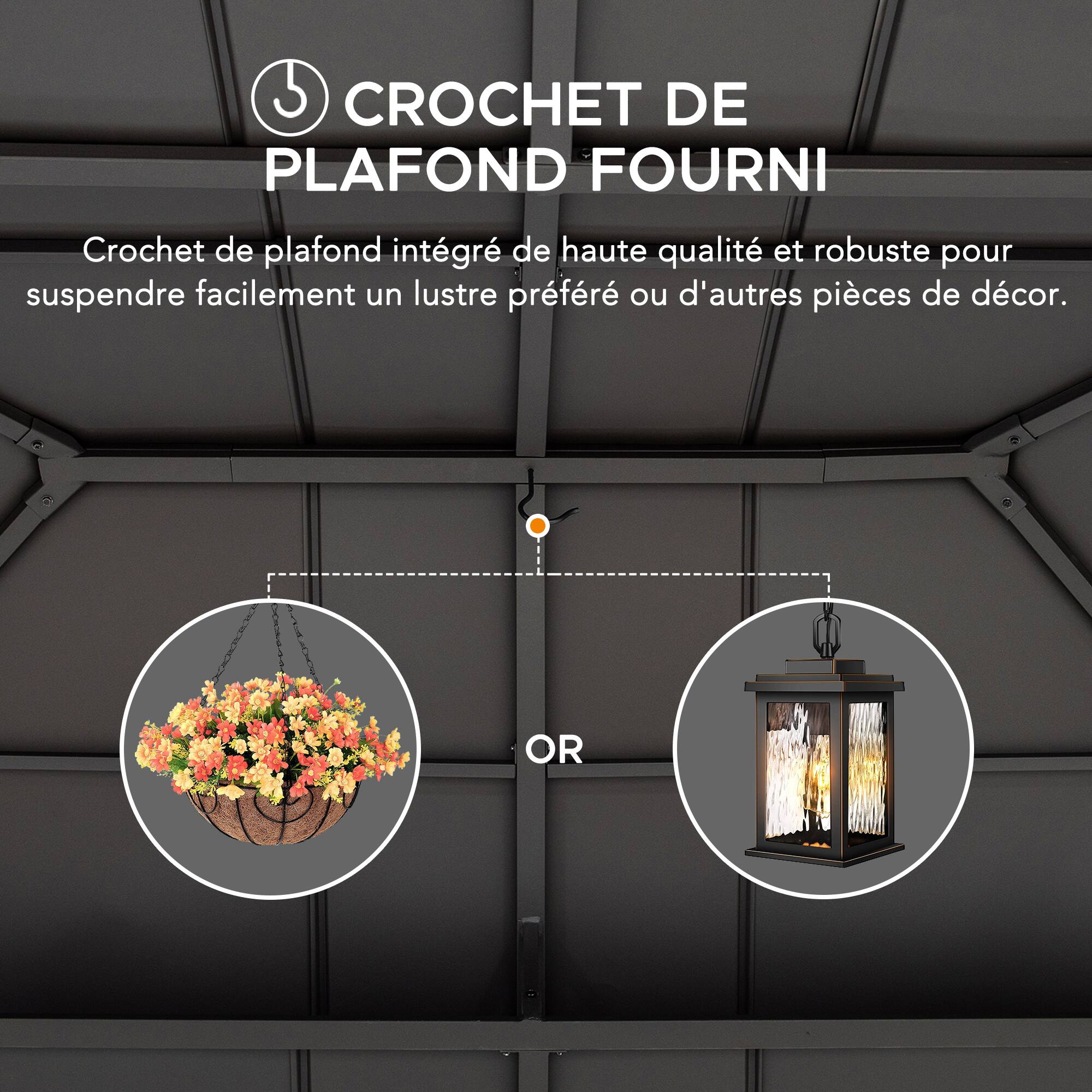 CROCHET DE PLAFOND FOURNI  
Crochet de plafond intégré de haute qualité et robuste pour suspendre facilement un lustre préféré ou d'autres pièces de décor.