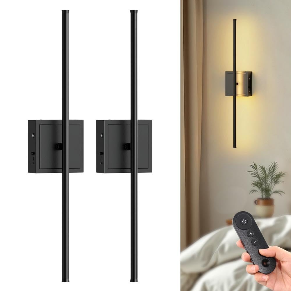 HM 1810 - Operated Wall Sconces Set Of Dimmable Sconce With Remote Control rotate Rechargeable Inch Wireless Lights F - Black 23.7 inch