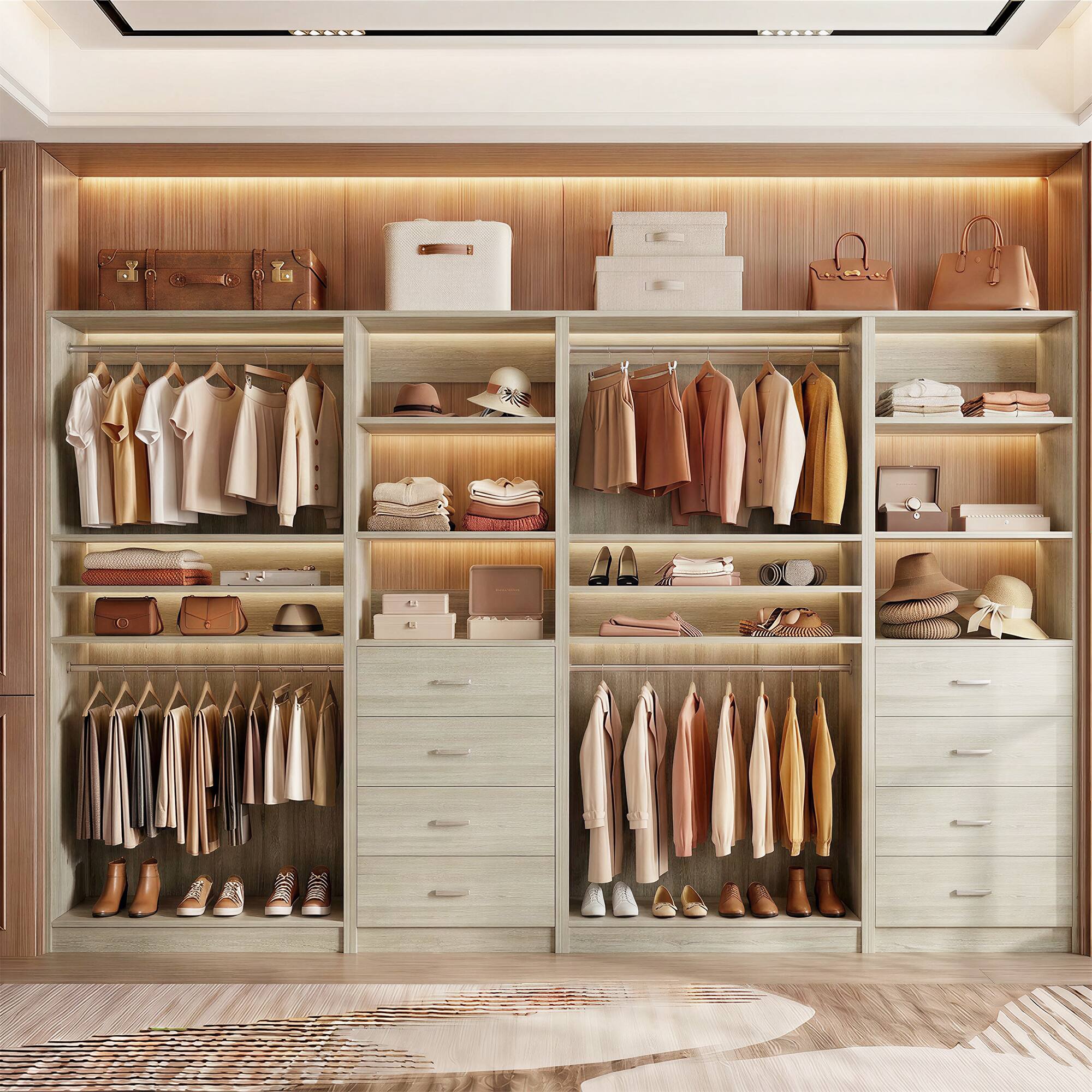 Alt View 3. Aheaplus - 114.6'' Wide Closet Organizer with 8 Drawers and 4 Hanging Rods, 4-Piece Set - Beige Oak.