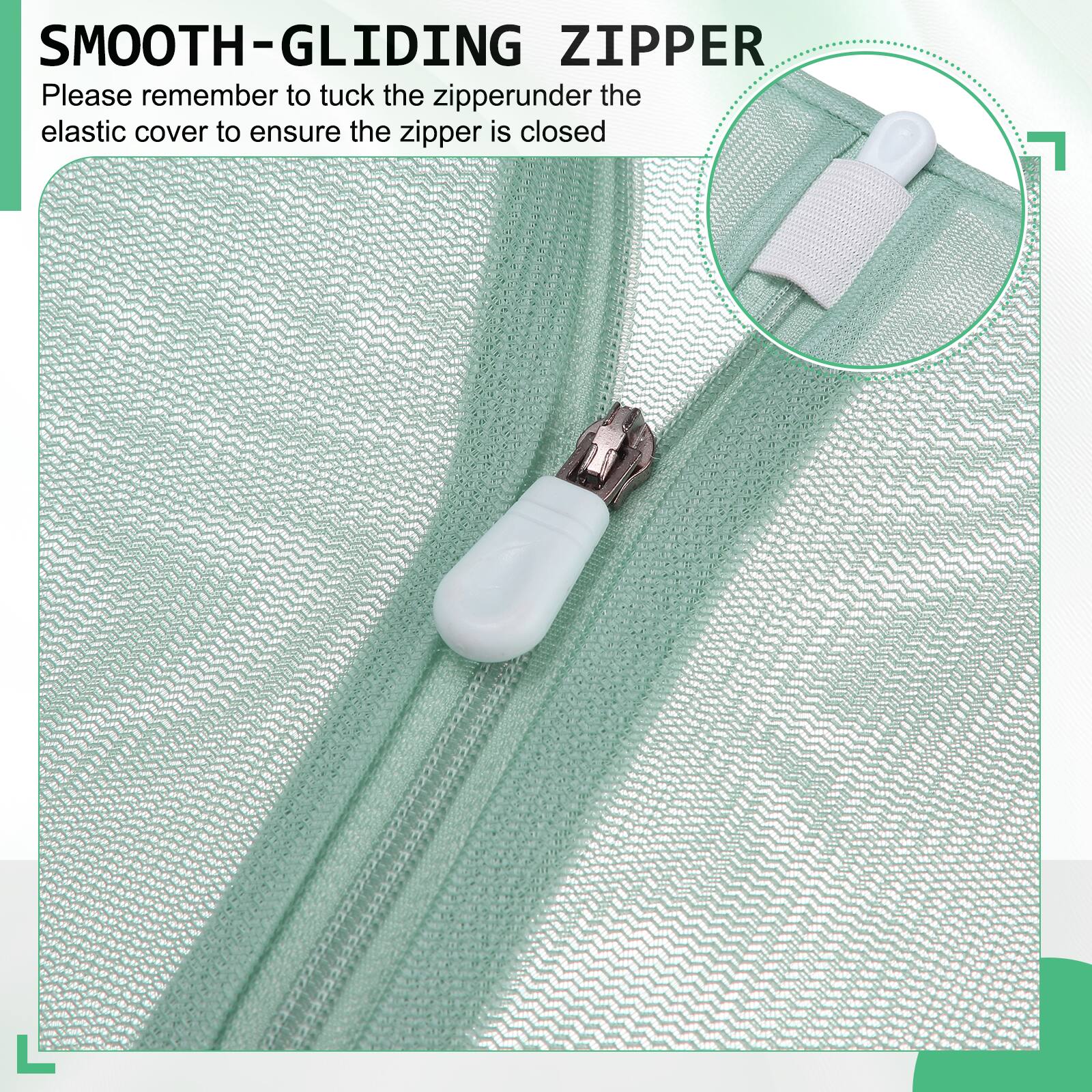 SMOOTH-GLIDING ZIPPER

Please remember to tuck the zipper under the elastic cover to ensure the zipper is closed