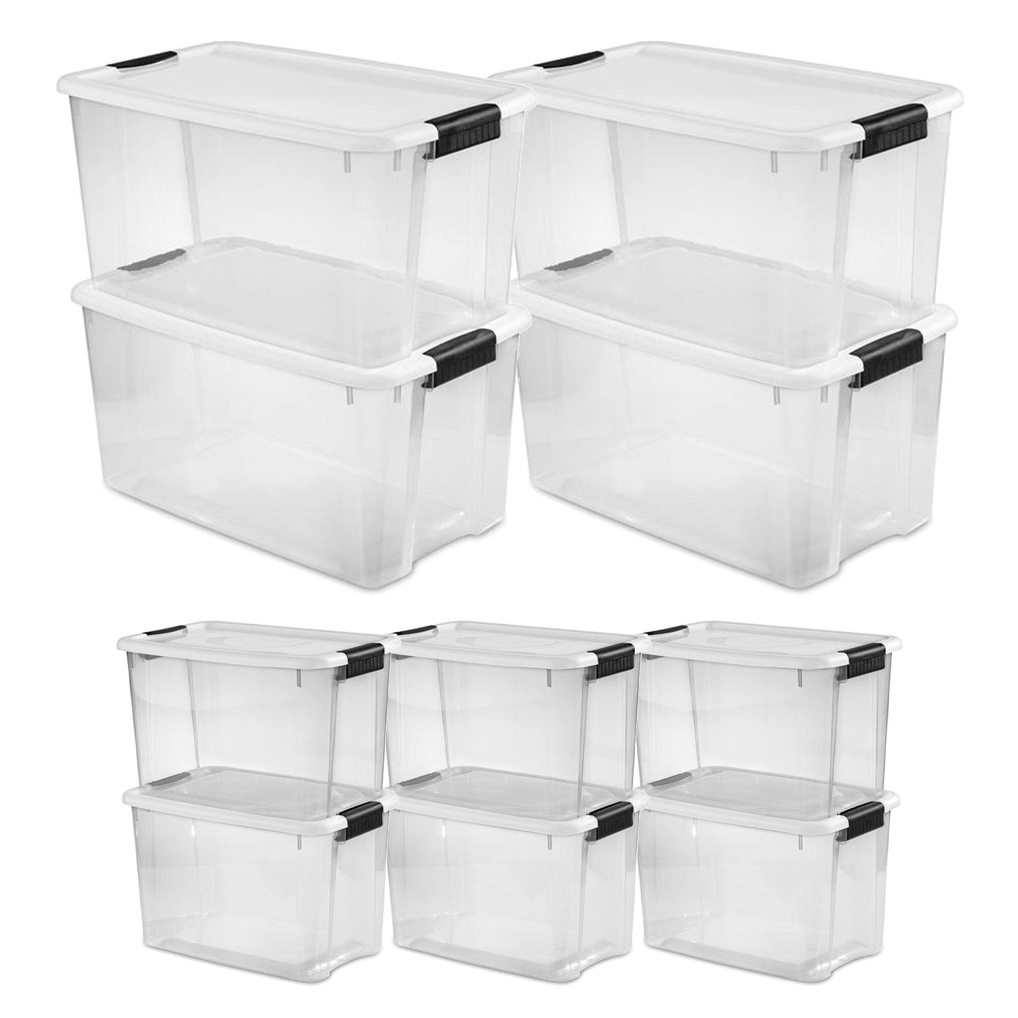Front. Sterilite - Sterilite 70 Qt 4-Pack & 30 Qt 6-Pack Clear Plastic Stackable Storage Bin w/Lid.