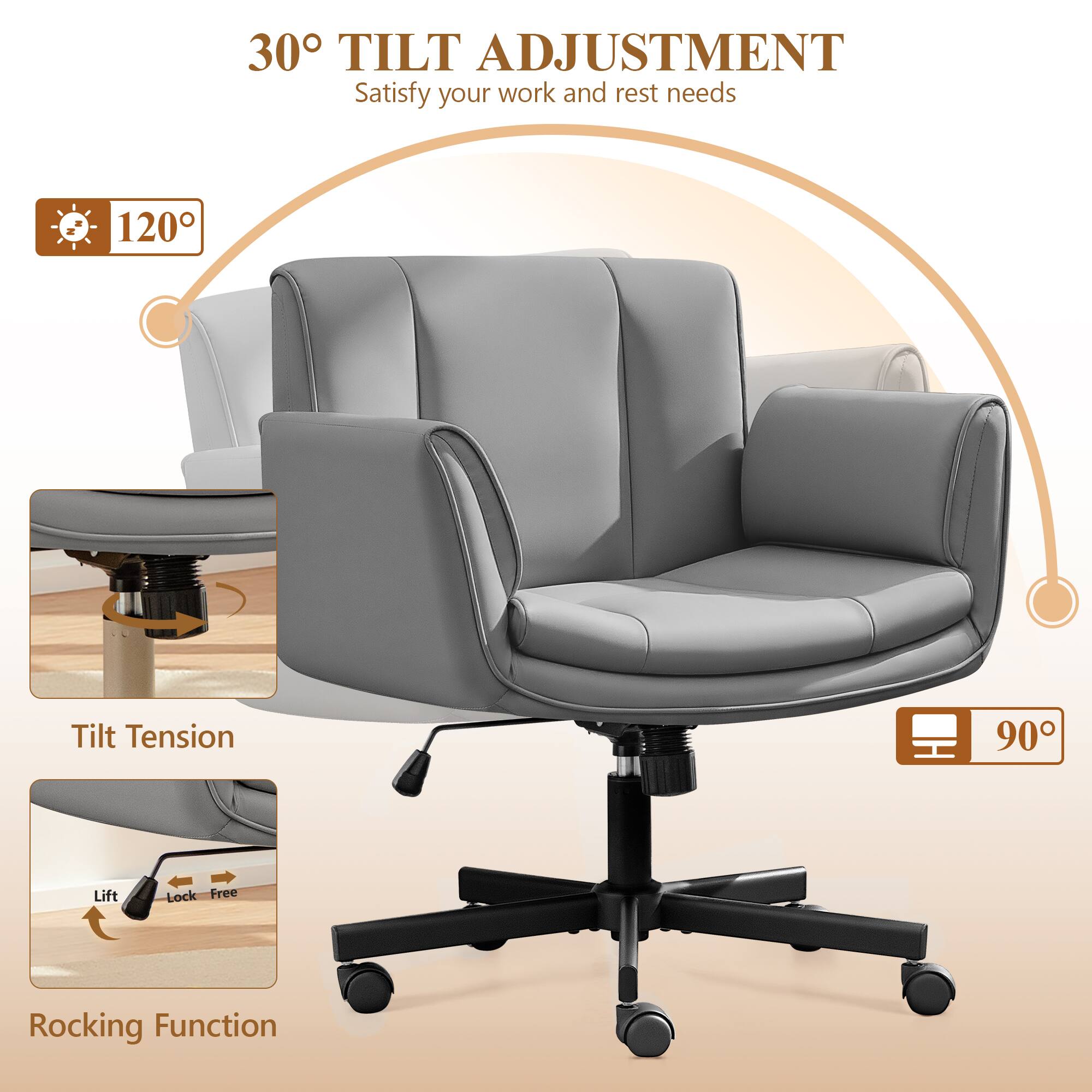 30° TILT ADJUSTMENT  
Satisfy your work and rest needs  

120° Tilt Tension  
90° Lift Lock Free Rocking Function