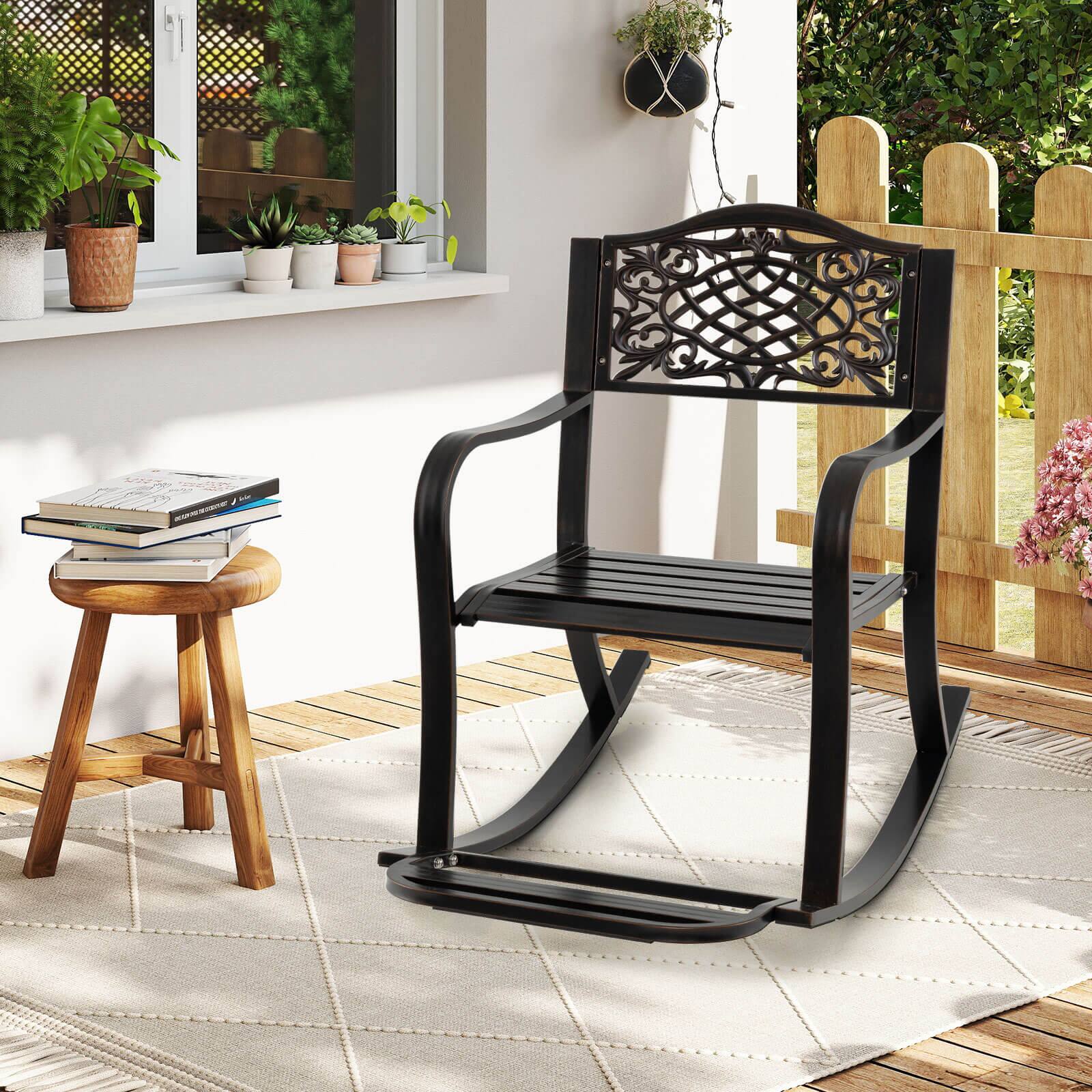 Alt View 1. Costway - Costway 1 PCS Patio Rocking Chair Outdoor Cast Aluminum Rocker with Footrest & Backrest - Antique Brown.