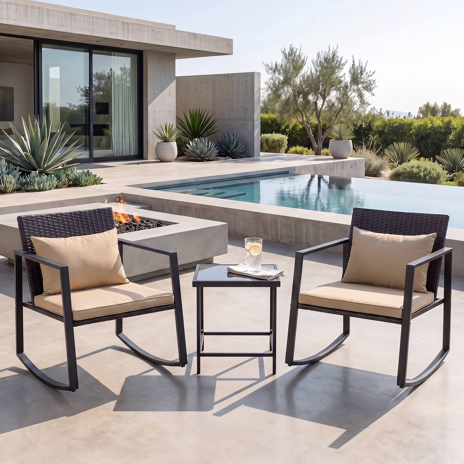 Front. Costway - Costway 3-Piece Outdoor Rattan Rocking Chair Set with Cushions and Tempered Glass Table, Metal Frame - Mix Brwon, Beige, Black.