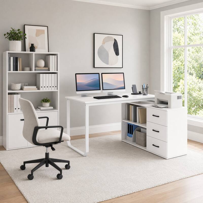 Left. WELLFOR - 55" Inch Reversible L Shaped Desk with Charging Station & 3 Drawers, Modern Computer Desk with Storage Shelves - White.