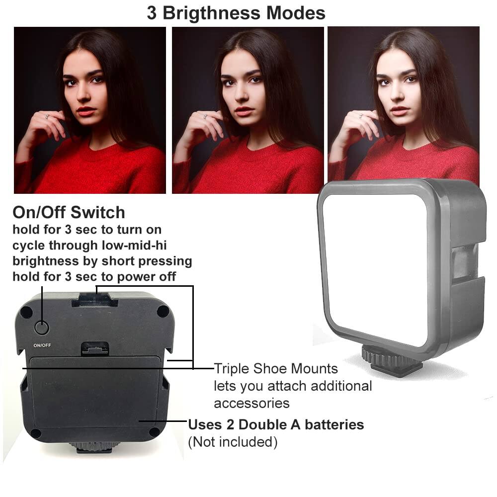 3 Brightness Modes

On/Off Switch
hold for 3 sec to turn on
cycle through low-mid-high brightness by short pressing
hold for 3 sec to power off

Triple Shoe Mounts
lets you attach additional accessories

Uses 2 Double A batteries
(Not included)