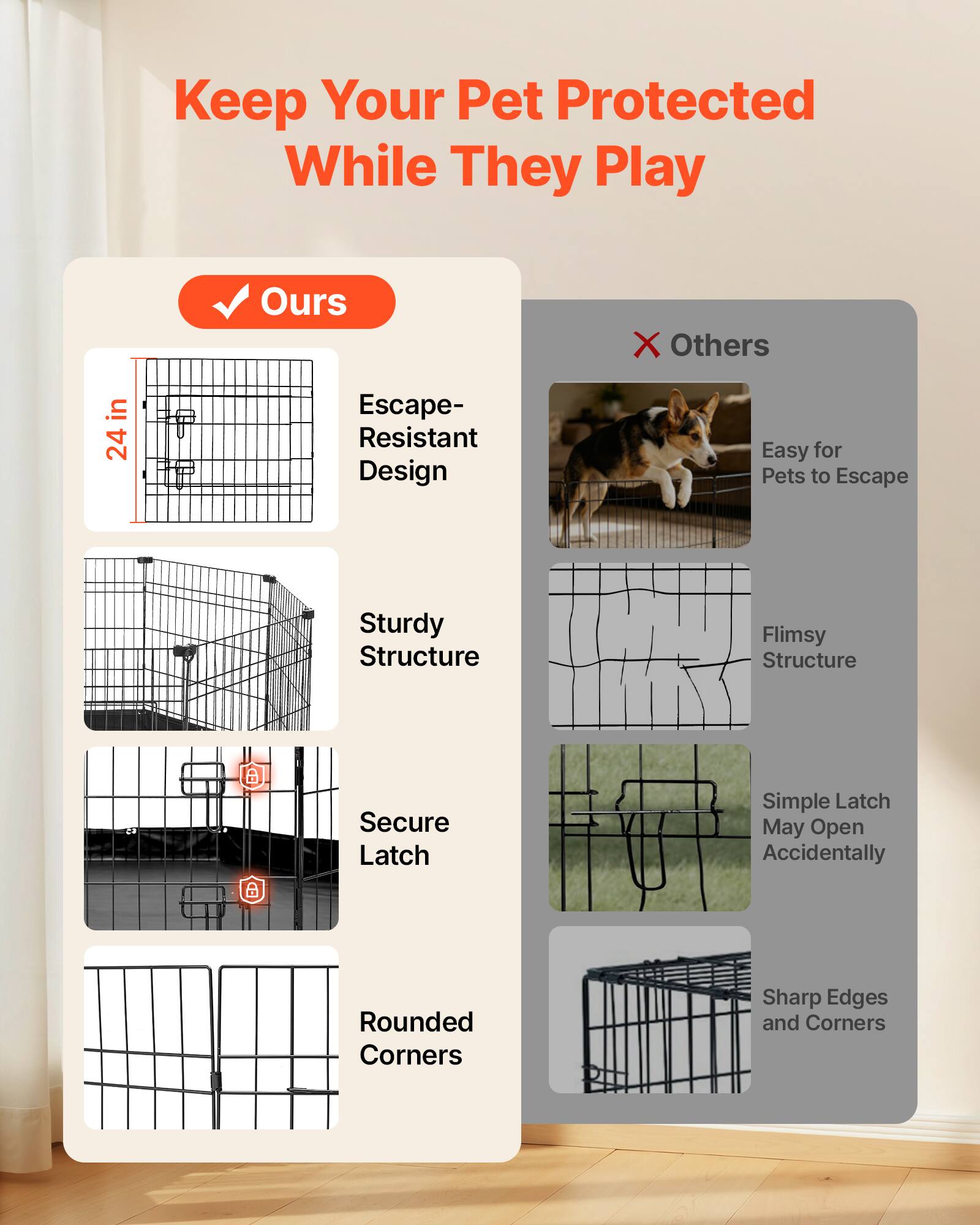 Keep Your Pet Protected While They Play

Ours:
- 24in Escape-Resistant Design
- Sturdy Structure
- Secure Latch
- Rounded Corners

Others:
- Easy for Pets to Escape
- Flimsy Structure
- Simple Latch May Open Accidentally
- Sharp Edges and Corners