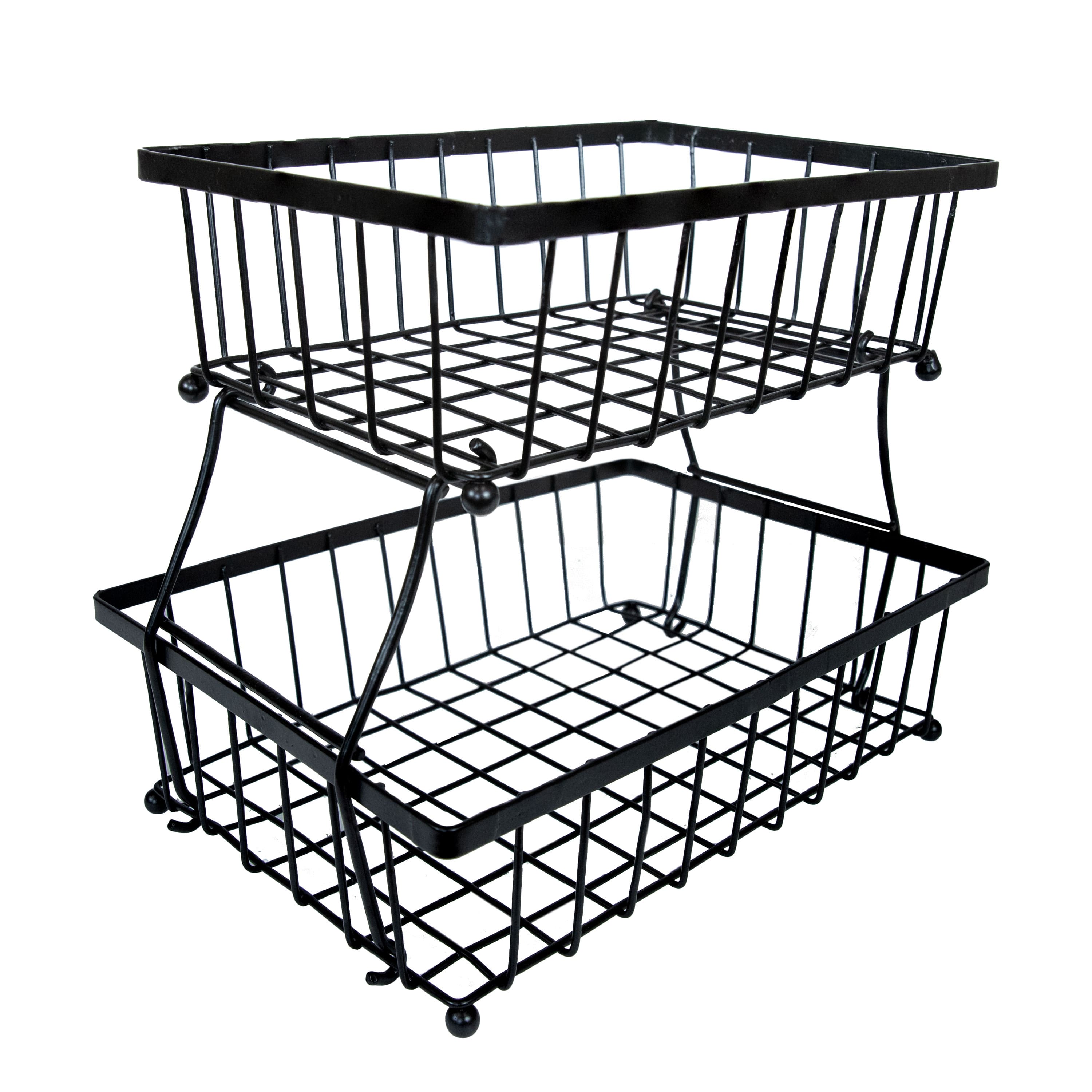 Sunnydaze - 2-Tier Metal Wire Collapsible Tabletop Storage Basket - Black