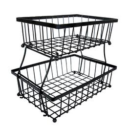 Sunnydaze - 2-Tier Metal Wire Collapsible Tabletop Storage Basket - Black