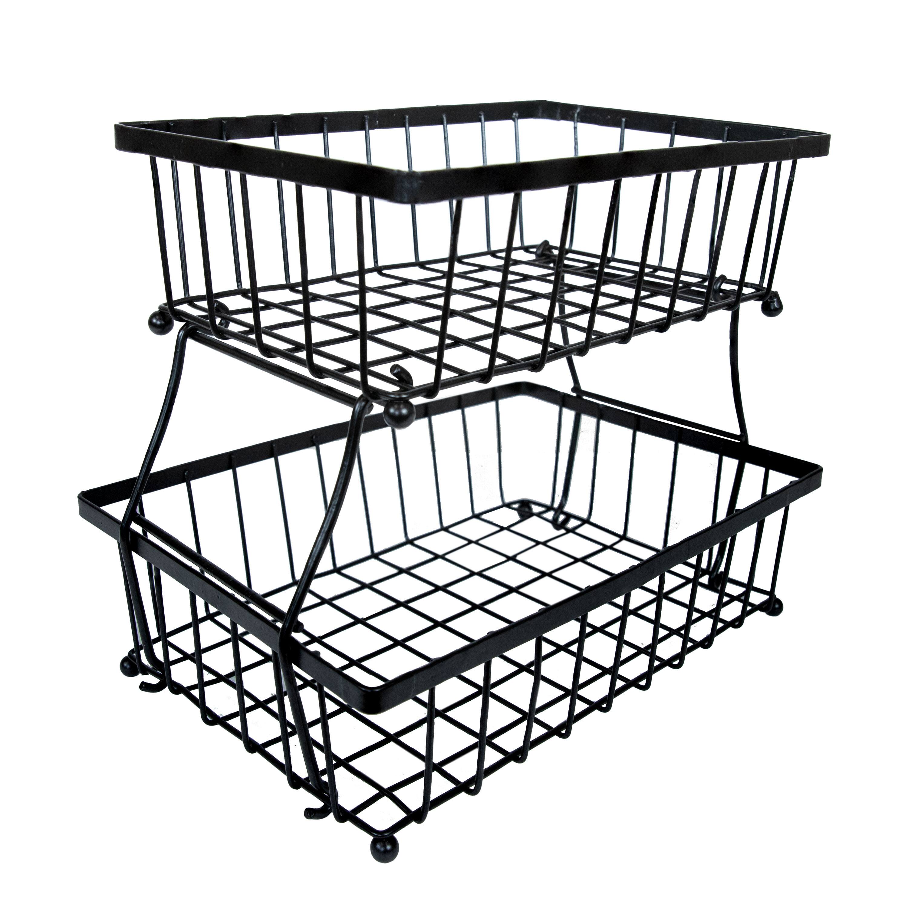Front. Sunnydaze - 2-Tier Metal Wire Collapsible Tabletop Storage Basket - Black.