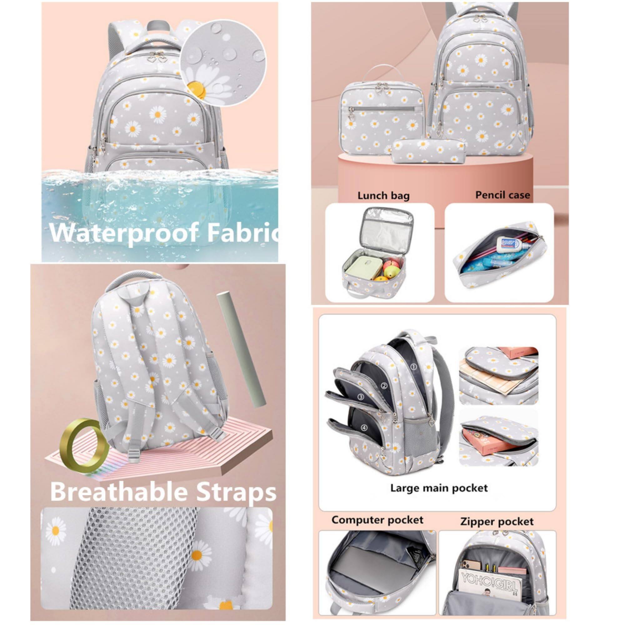 Waterproof Fabric

Breathable Straps

Lunch bag

Pencil case

Large main pocket

Computer pocket

Zipper pocket