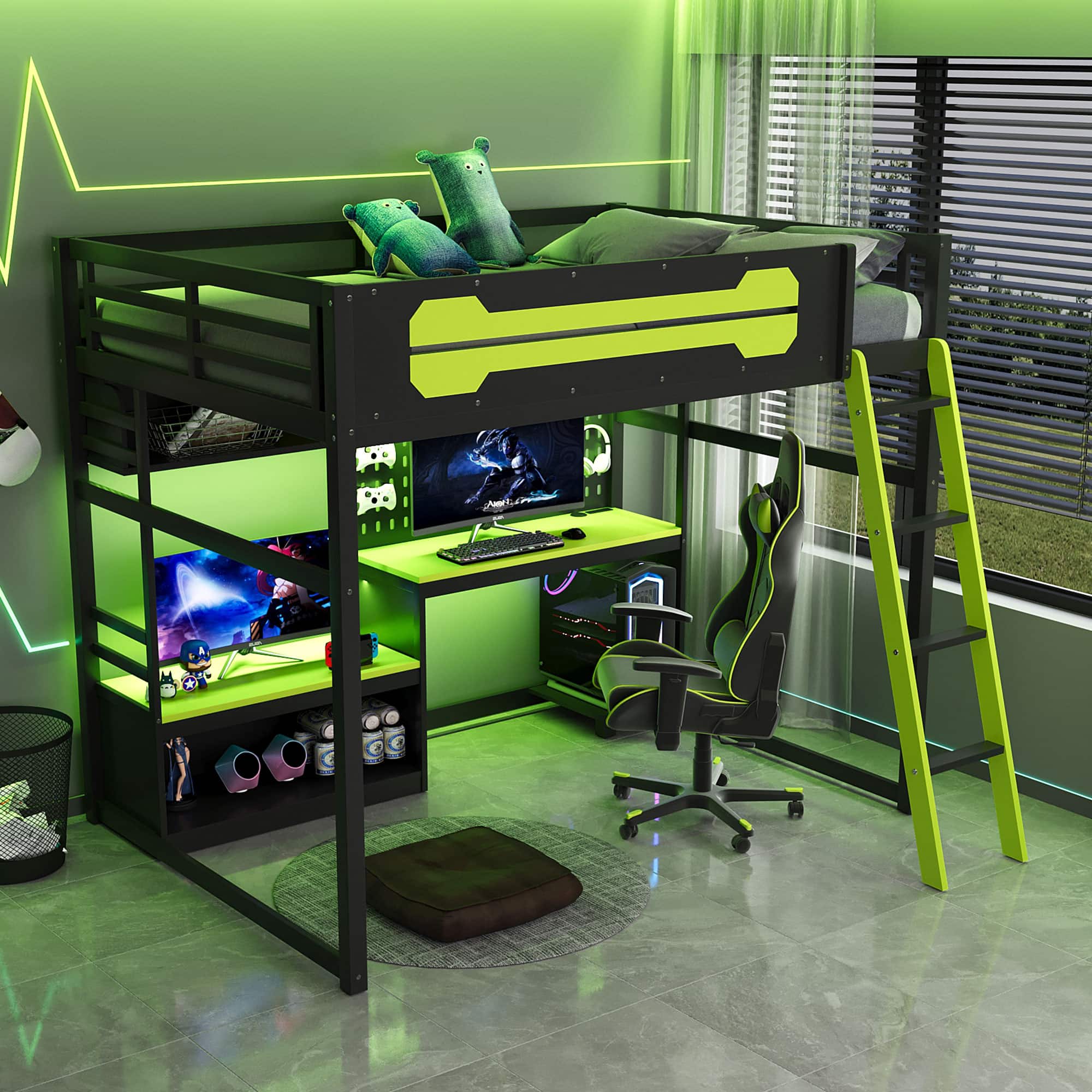 Anysun - Full Size Wood Loft Bed with Desk - Includes Shelves, LED Lights, USB Ports and Pegboard - Green