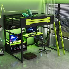 Anysun - Full Size Wood Loft Bed with Desk - Includes Shelves, LED Lights, USB Ports and Pegboard - Green