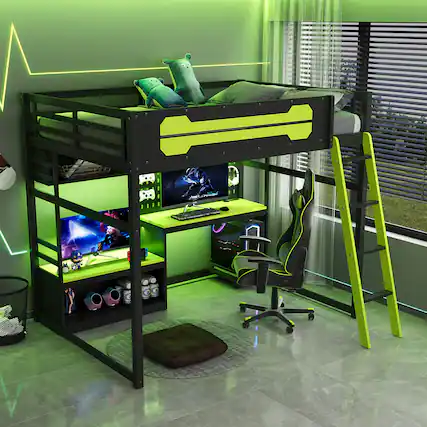 Front. Anysun - Full Size Wood Loft Bed with Desk - Includes Shelves, LED Lights, USB Ports and Pegboard - Green.
