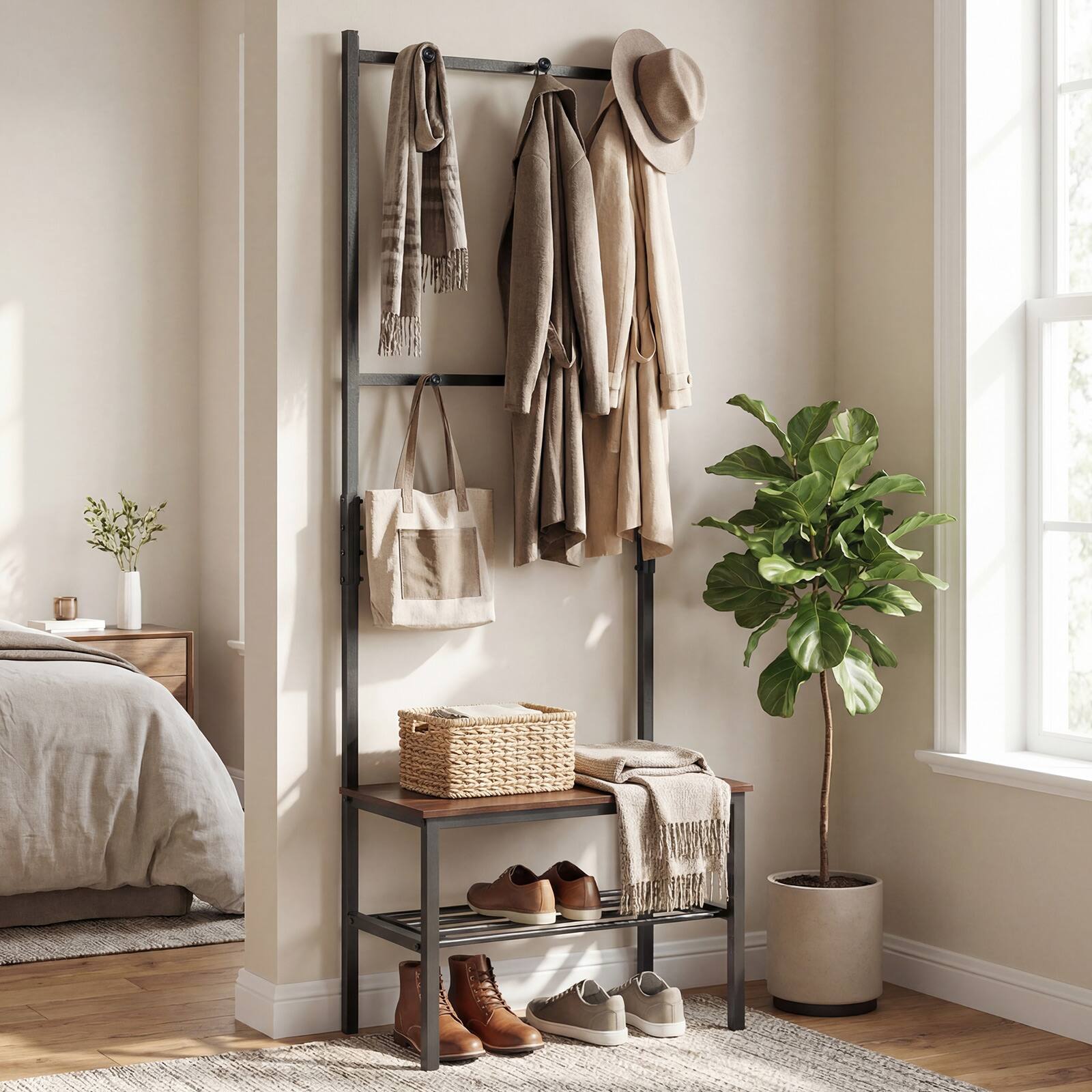 Alt View 4. Gymax - Gymax 3-in-1 Hall Tree w/Hooks & Shoe Storage Heavy Duty Metal Frame for Entrance - Brown.