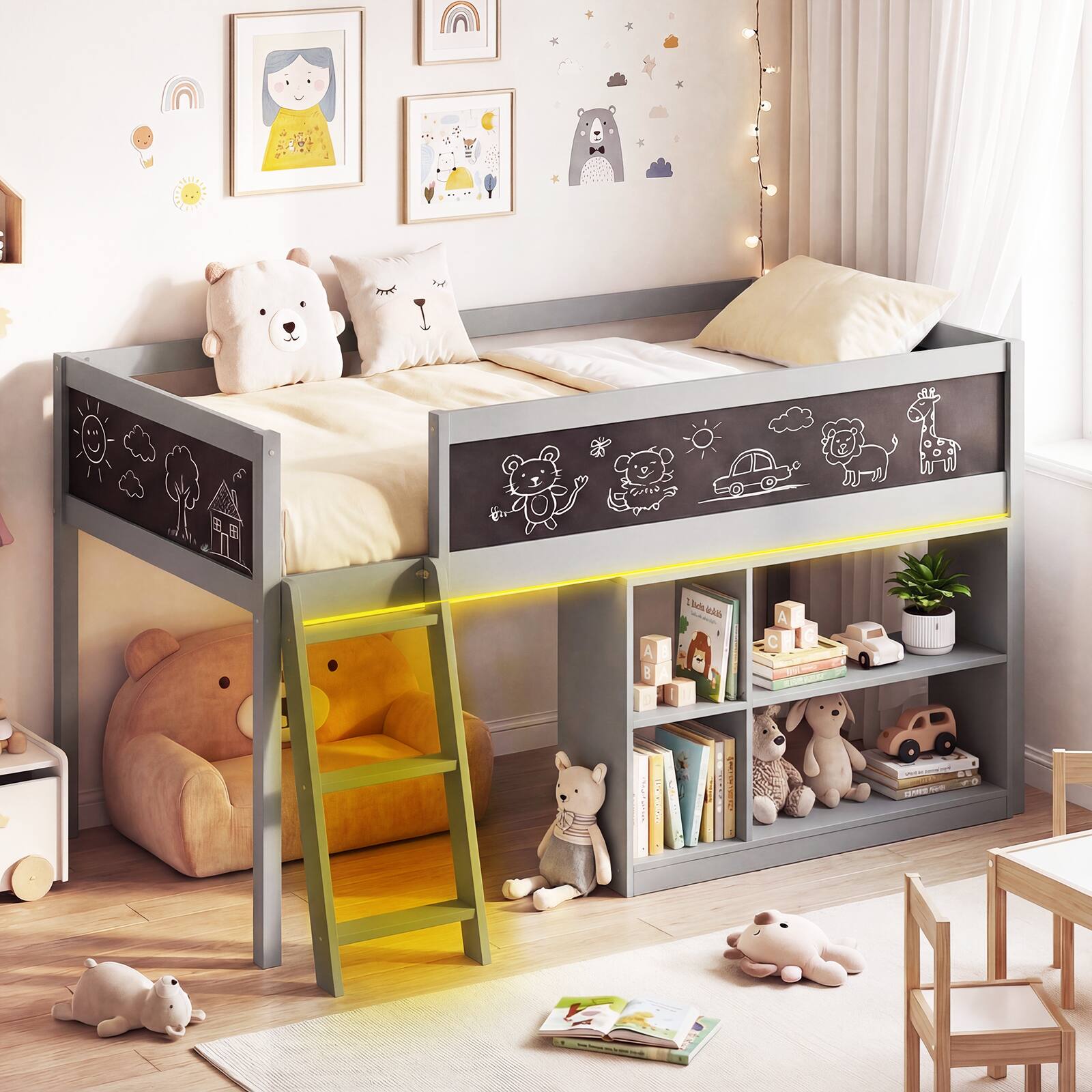 Alt View 3. Gymax - Gymax Kids Loft Bed w/LED Lights Chalkboard & Removable Bookcase Safety Guardrail Gray - Gray.