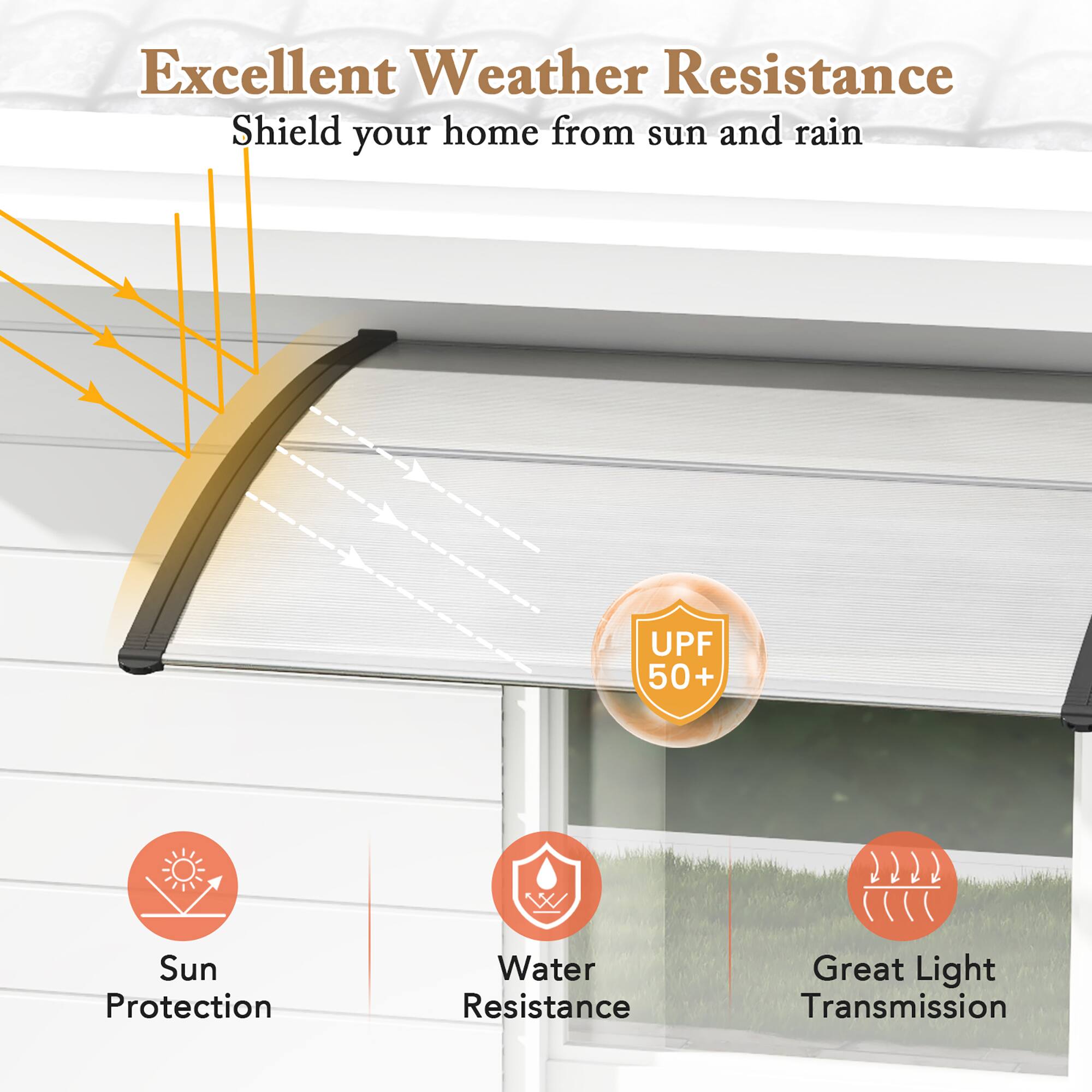 Excellent Weather Resistance  
Shield your home from sun and rain  

- UPF 50+ Sun Protection  
- Water Resistance  
- Great Light Transmission