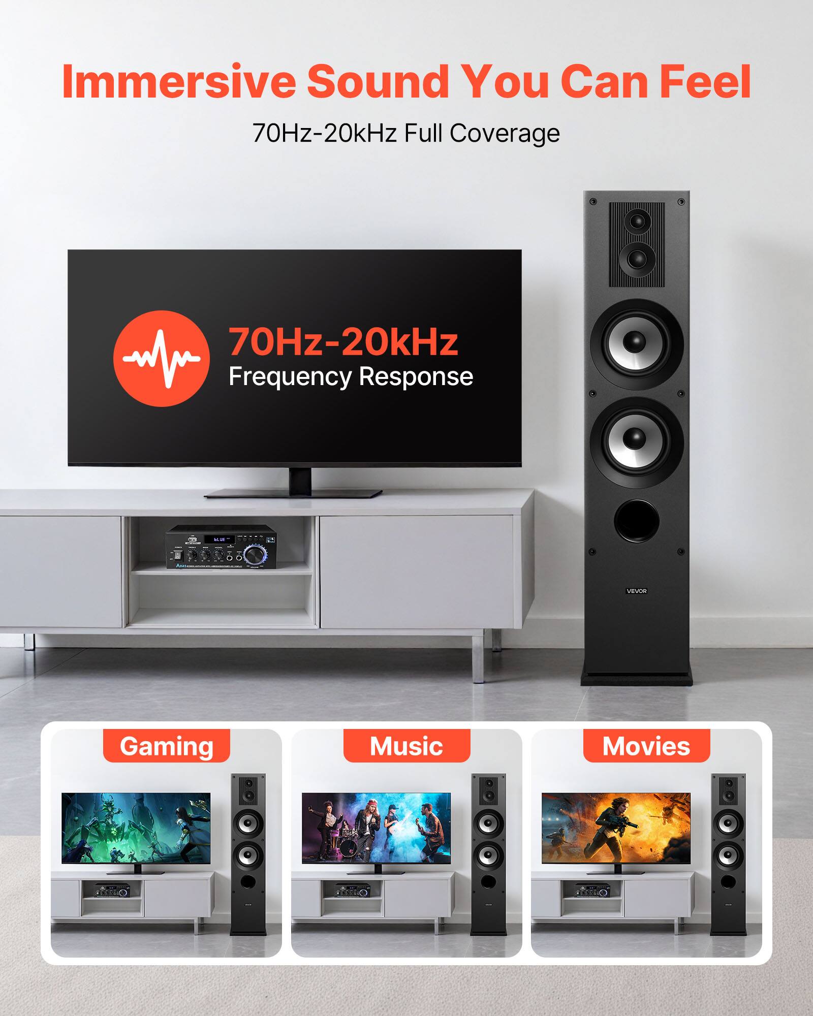 Immersive Sound You Can Feel  
70Hz-20kHz Full Coverage  

70Hz-20kHz Frequency Response  

Gaming  
Music  
Movies  

VEVOR
