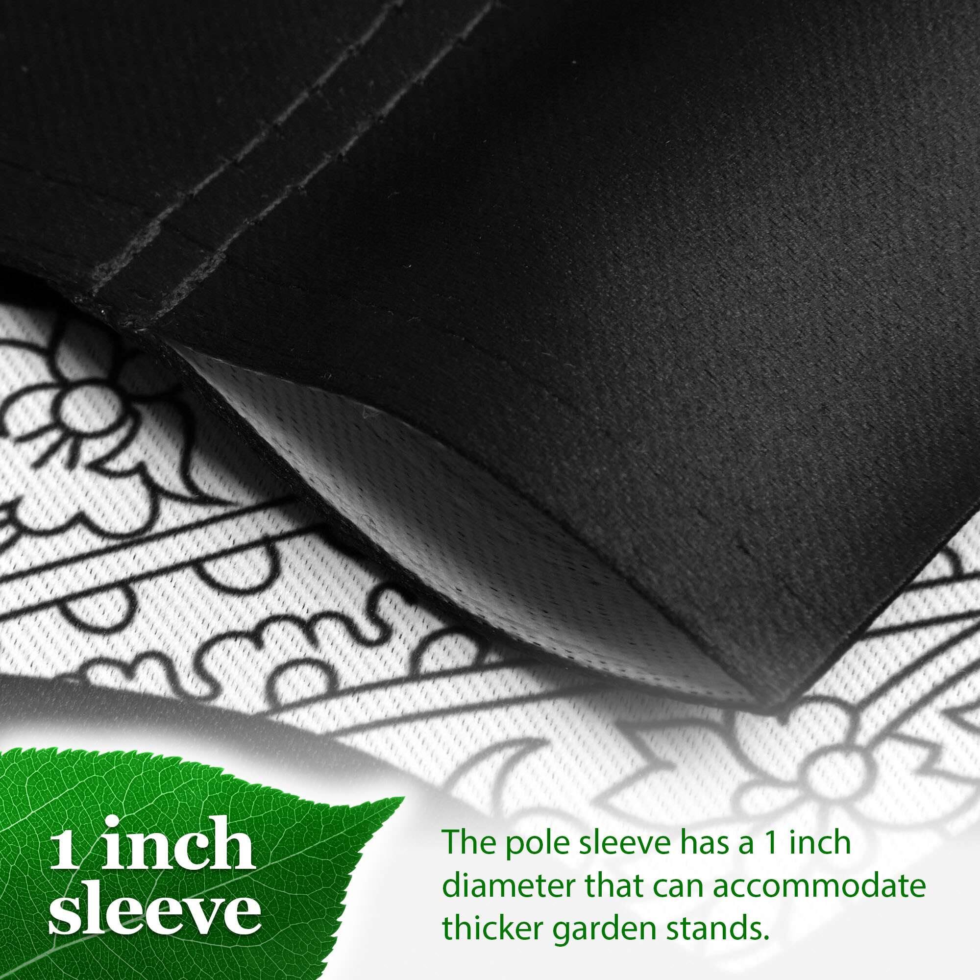 1 inch sleeve

The pole sleeve has a 1 inch diameter that can accommodate thicker garden stands.