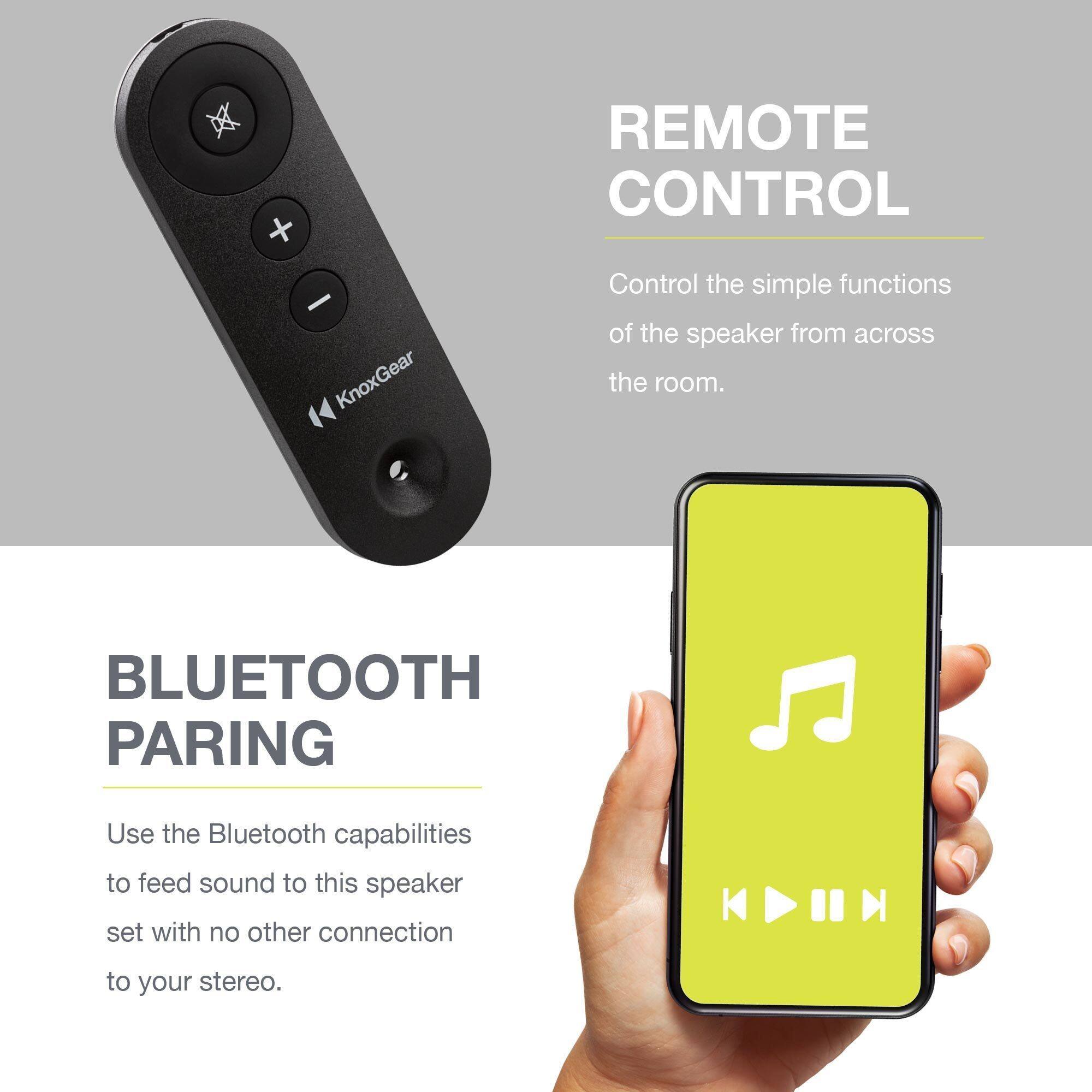 REMOTE CONTROL  
Control the simple functions of the speaker from across the room.

BLUETOOTH PARING  
Use the Bluetooth capabilities to feed sound to this speaker set with no other connection to your stereo.