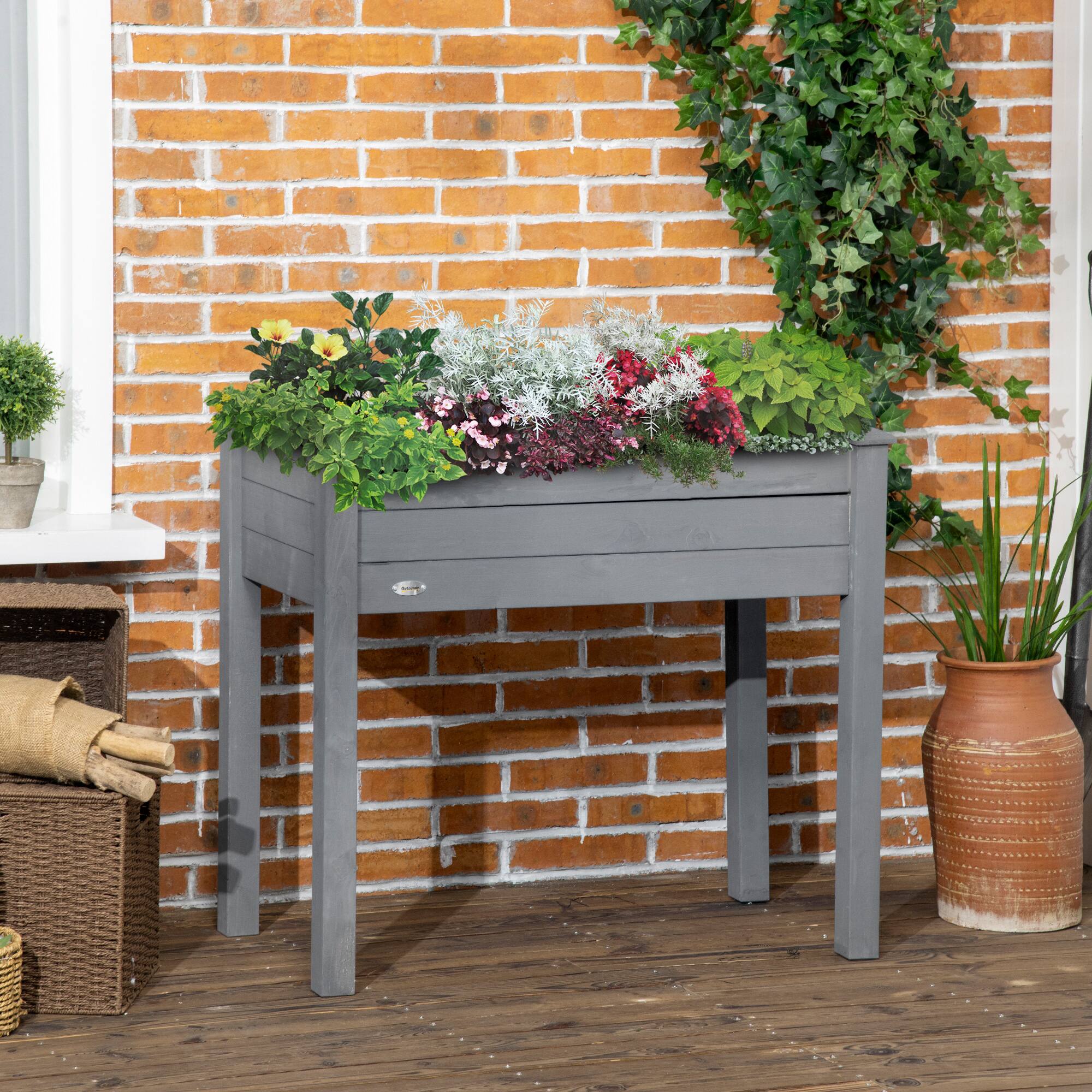 Alt View 1. Outsunny - Raised Garden Bed with Legs, 34" x 18" x 30", Elevated Wooden Planter Box, Self-Draining with Bed Liner for Vegetables - Dark Gray.