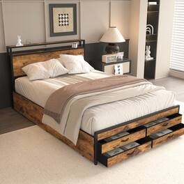 GOODSILO - Queen Size Storage Bed Frame with LED Headboard and Charging Station, No Box Spring Needed - Black+Brown