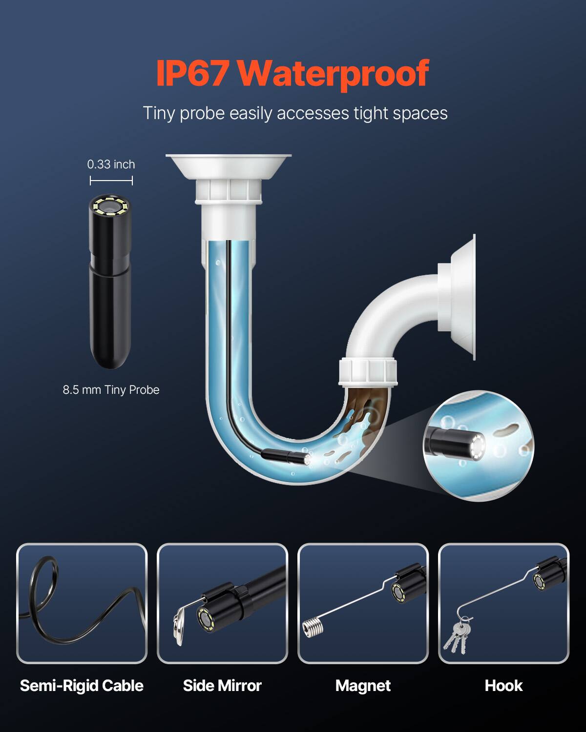 IP67 Waterproof  
Tiny probe easily accesses tight spaces  
0.33 inch  
8.5 mm Tiny Probe  
Semi-Rigid Cable  
Side Mirror  
Magnet  
Hook