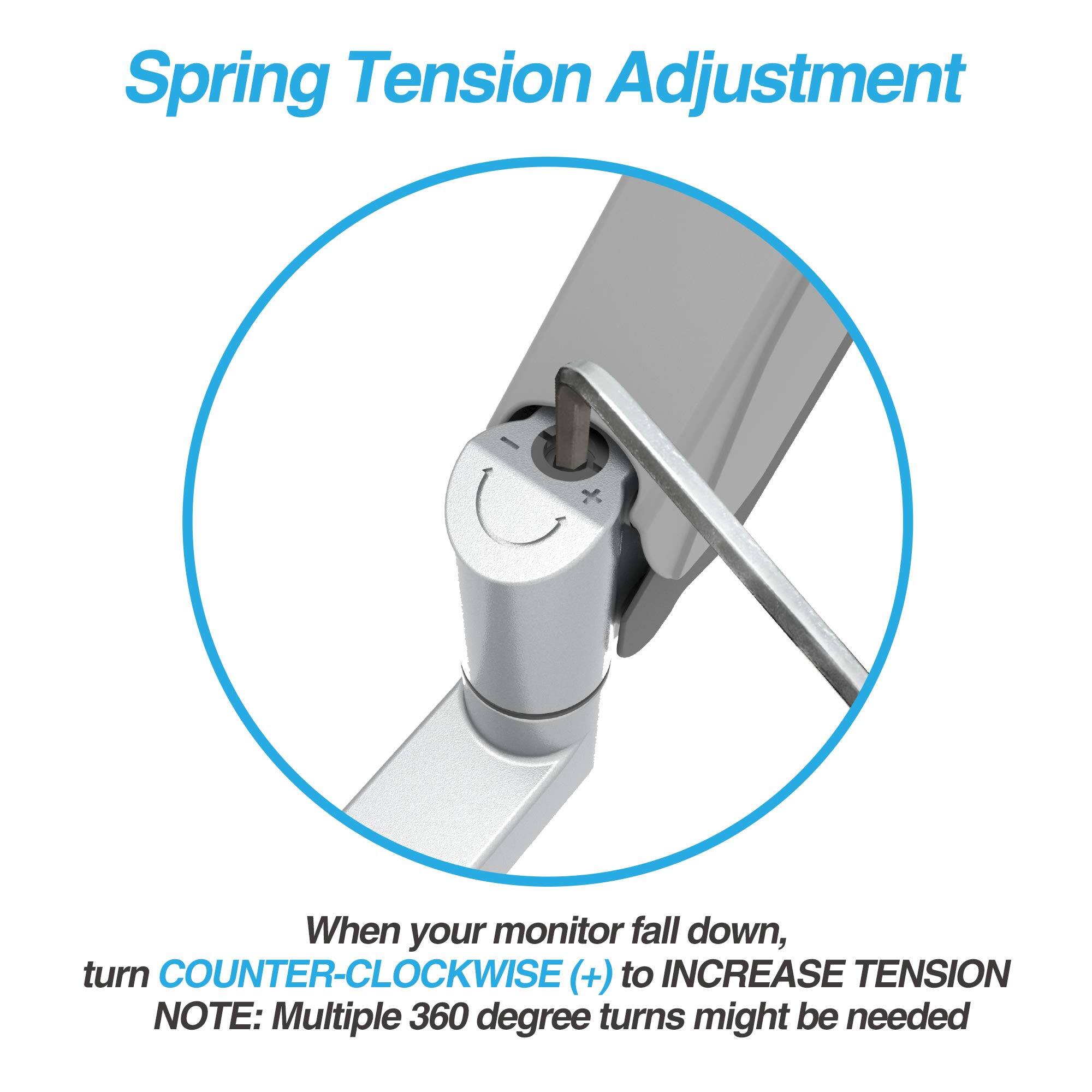 Spring Tension Adjustment

When your monitor falls down, turn COUNTER-CLOCKWISE (+) to INCREASE TENSION  
NOTE: Multiple 360 degree turns might be needed