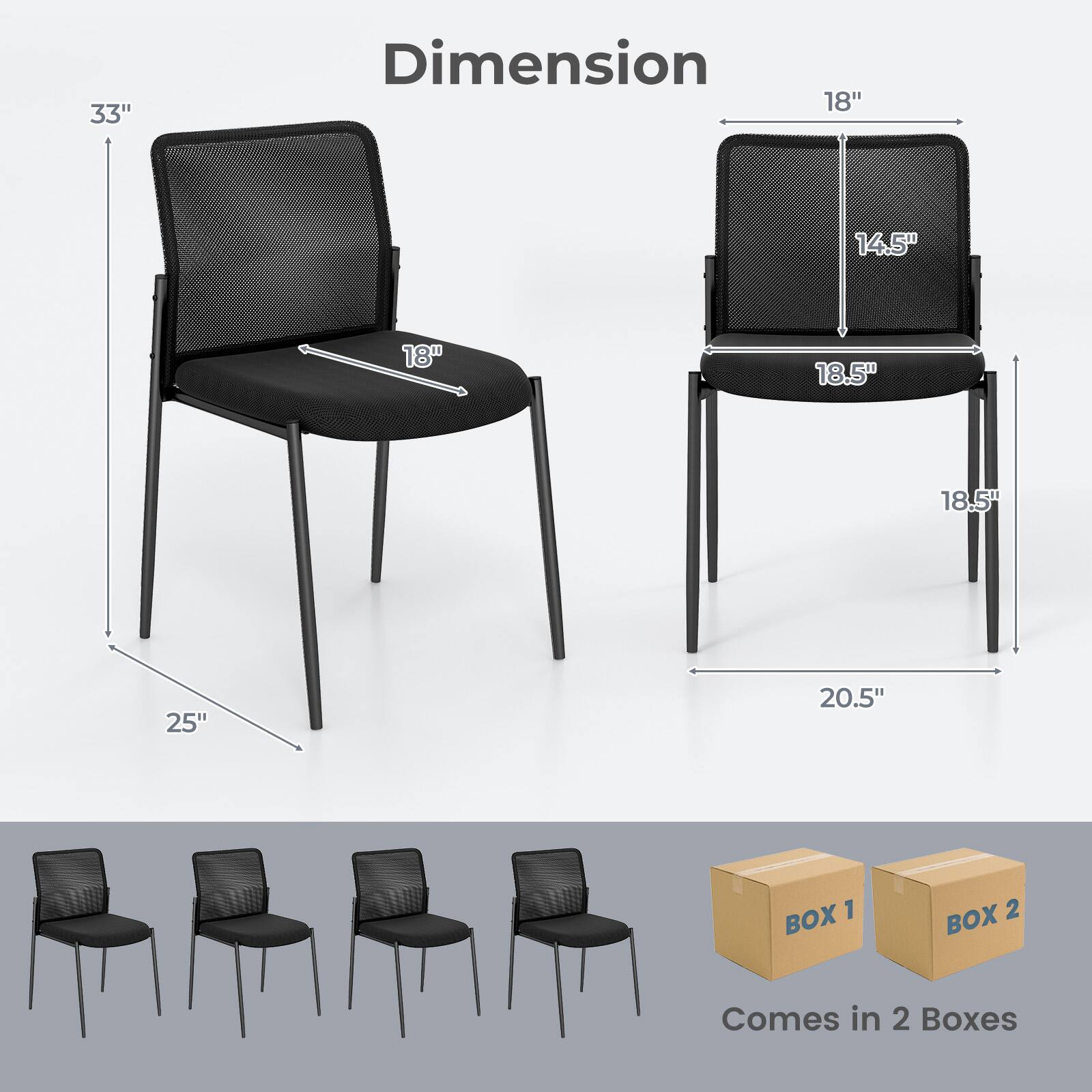 The image shows a black chair with a white label that says "Dimension." The chair is displayed in two different orientations, one with the back facing the viewer and the other with the back turned. The chair is shown in a white background, and the dimensions of the chair are also provided. The chair is available in two boxes, as indicated by the "BOX 1" and "BOX 2" labels.