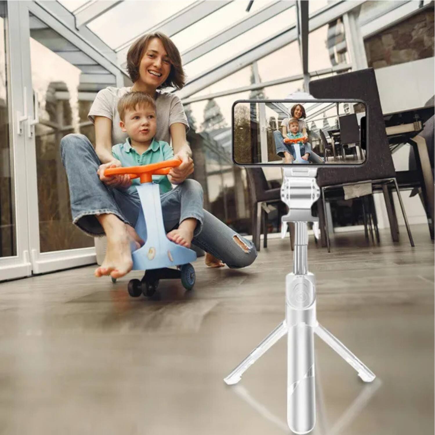 Left. Stock Preferred - High Low Retractable Selfie Tripod with Bluetooth Remote - Black - Black.