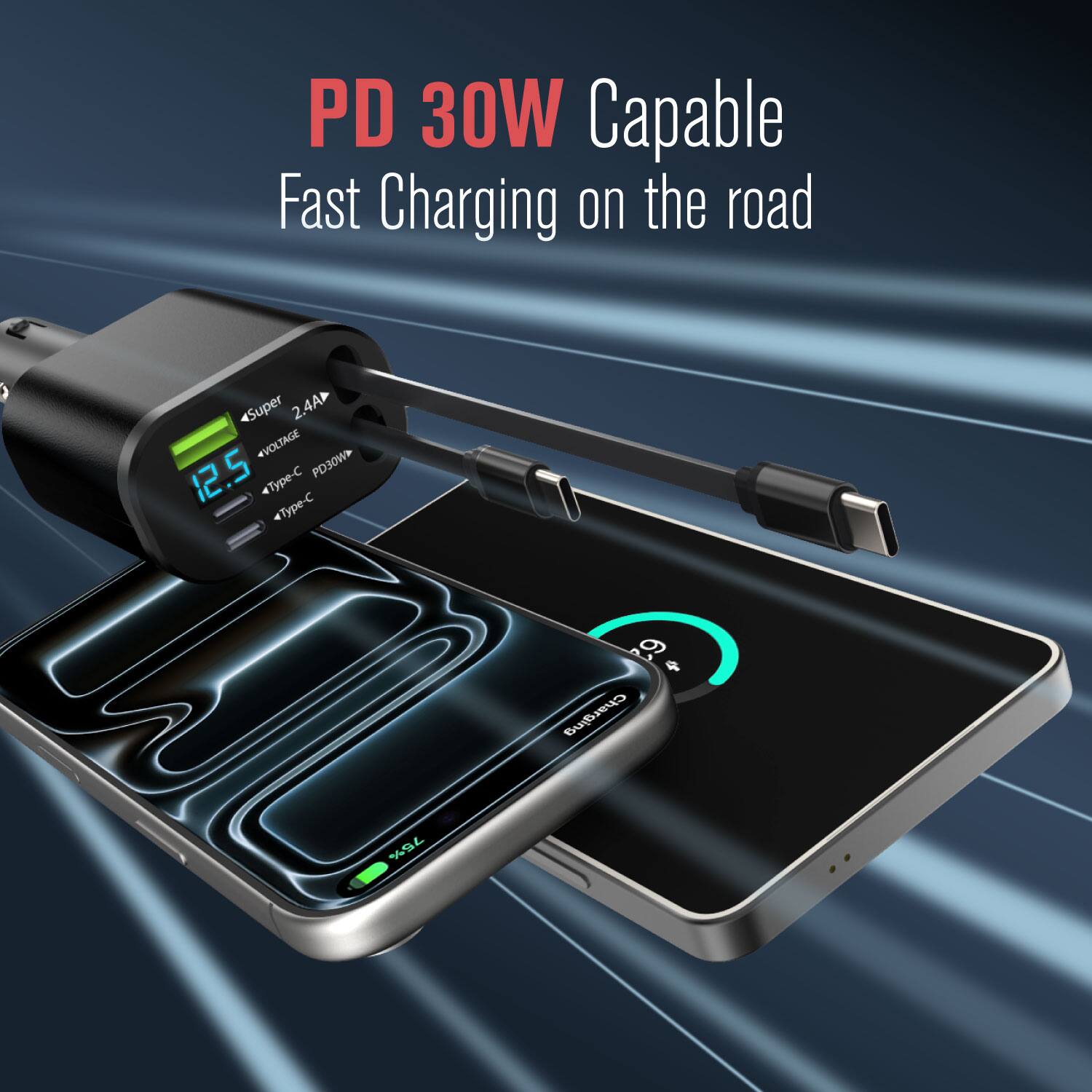 PD 30W Capable Fast Charging on the road  
Super 2.4A 4VOLTAGE 12.5 PD30W Type-C Type-C  
Charging %96