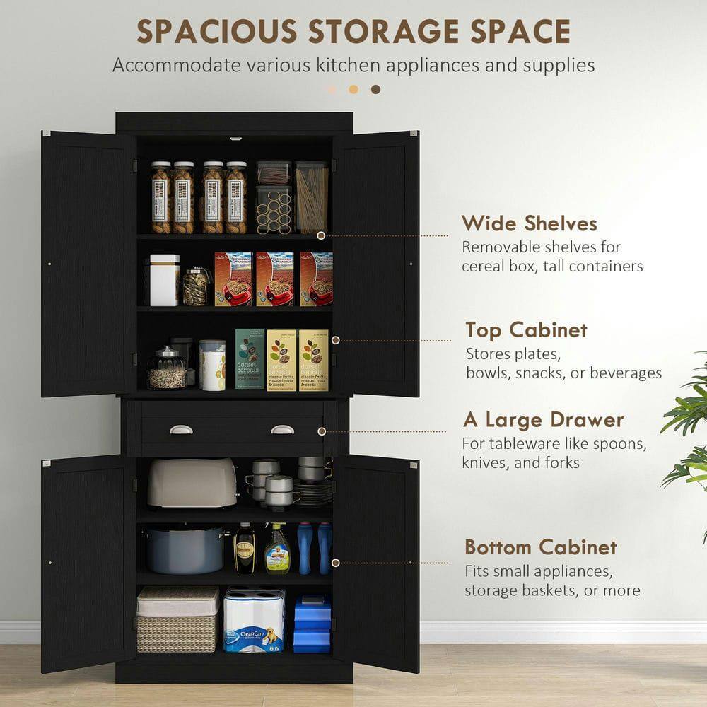 SPACIOUS STORAGE SPACE  
Accommodate various kitchen appliances and supplies

- Wide Shelves  
  Removable shelves for cereal box, tall containers

- Top Cabinet  
  Stores plates, bowls, snacks, or beverages

- A Large Drawer  
  For tableware like spoons, knives, and forks

- Bottom Cabinet  
  Fits small appliances, storage baskets, or more