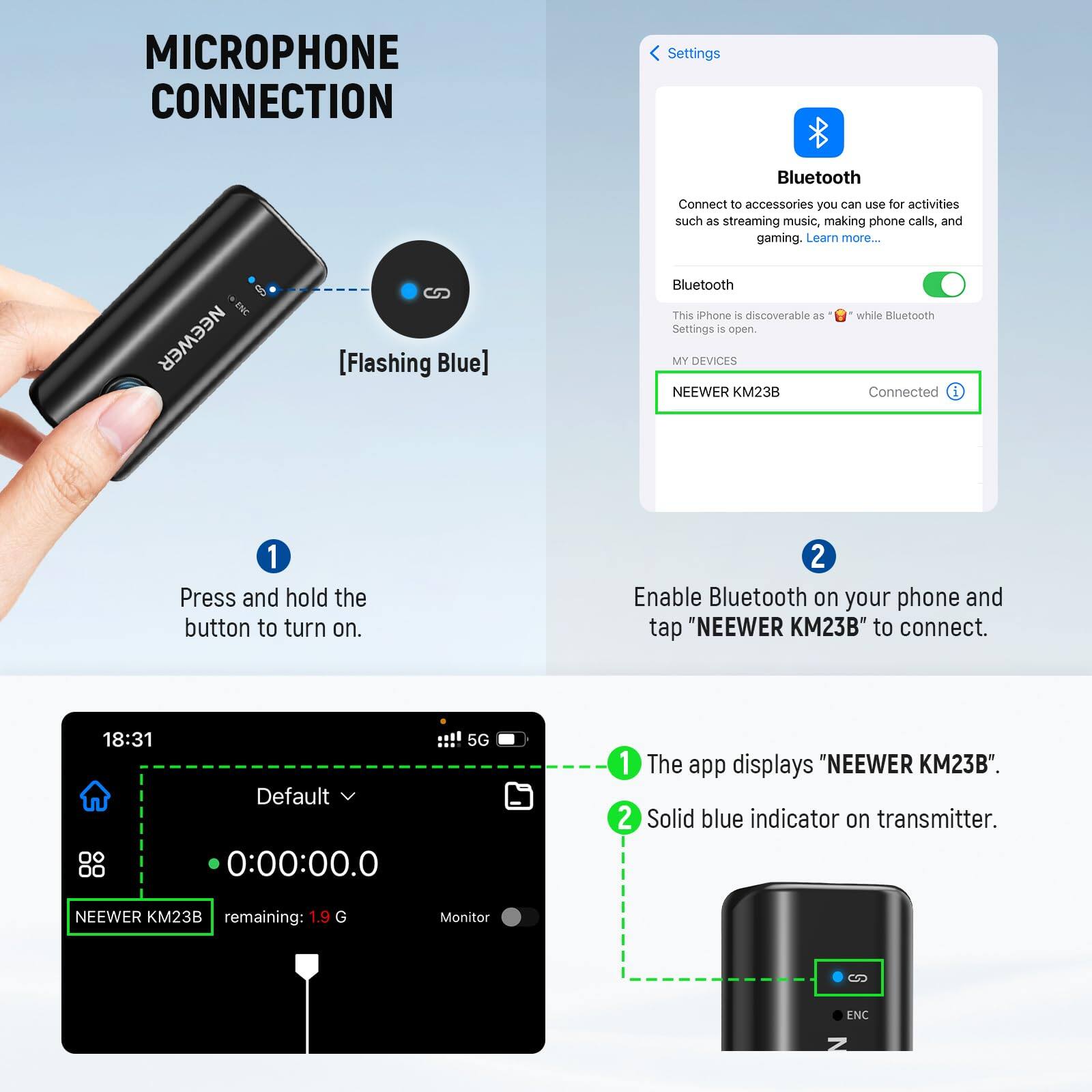 MICROPHONE CONNECTION

Settings Bluetooth Connect to accessories you can use for activities such as streaming music, making phone calls, and gaming. Learn more...

INC NEEWER [Flashing Blue] Bluetooth This Phone is discoverable as Settings is open.

MY DEVICES NEEWER KM23B

1. Press and hold the button to turn on.
2. Enable Bluetooth on your phone and tap "NEEWER KM23B" to connect.

18:31 O0 00 Default 0:00:00.0 5G

1. The app displays "NEEWER KM23B".
2. Solid blue indicator on transmitter.

NEEWER KM23B remaining: 1.9 G Monitor C ENC