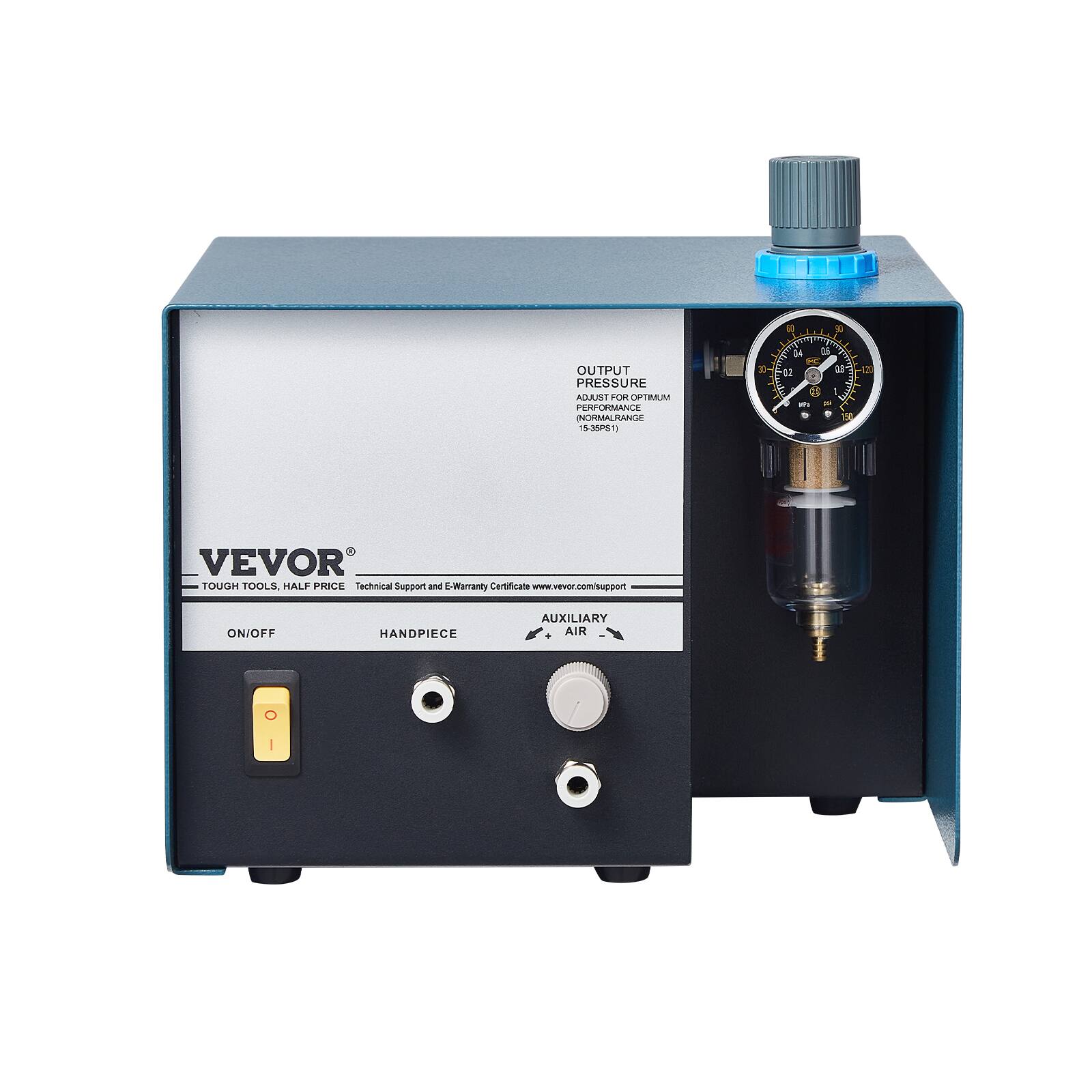 OUTPUT PRESSURE  
ADJUST FOR OPTIMUM PERFORMANCE  
(NORMAL RANGE 15-35 PSI)  

VEVOR  
TOUGH TOOLS, HALF PRICE  
Technical Support and E-Warranty Certificate www.vevor.com/support  

ON/OFF  
HANDPIECE  
AUXILIARY AIR  

OUTPUT PRESSURE  
ADJUST FOR OPTIMUM PERFORMANCE  
(NORMAL RANGE 15-35 PSI)  

VEVOR  
TOUGH TOOLS, HALF PRICE  
Technical Support and E-Warranty Certificate www.vevor.com/support  

ON/OFF  
HANDPIECE  
AUXILIARY AIR