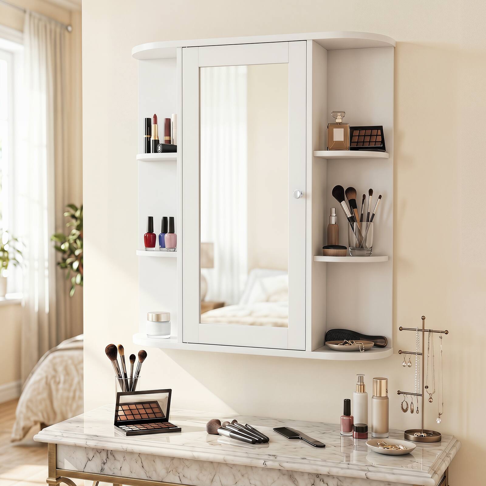 Alt View 5. Costway - Costway Bathroom Cabinet Single Door Shelves Wall Mount Cabinet with Mirror - White.