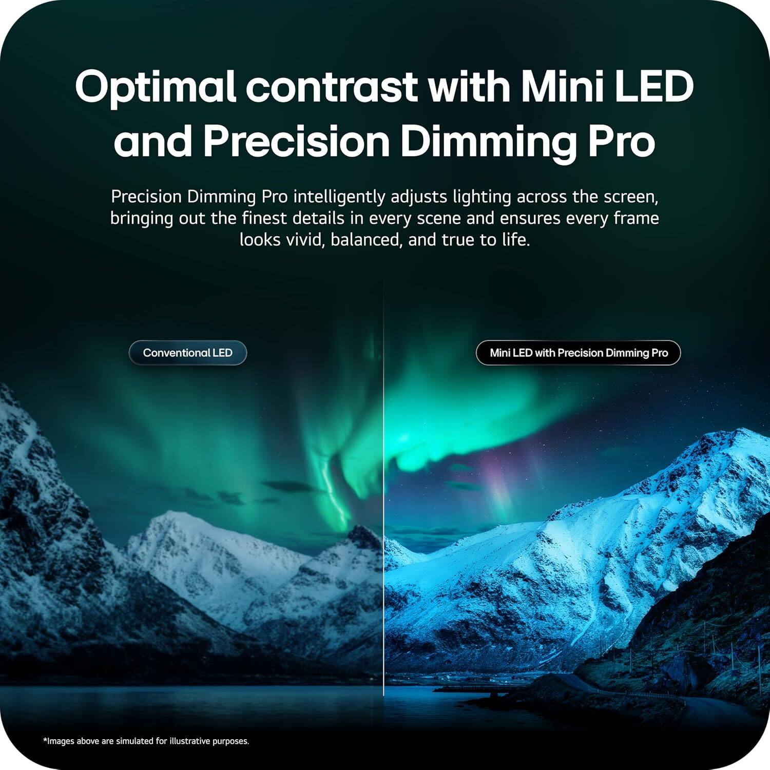Optimal contrast with Mini LED and Precision Dimming Pro

Precision Dimming Pro intelligently adjusts lighting across the screen, bringing out the finest details in every scene and ensures every frame looks vivid, balanced, and true to life.

Conventional LED Mini LED with Precision Dimming Pro

*Images above are simulated for illustrative purposes.