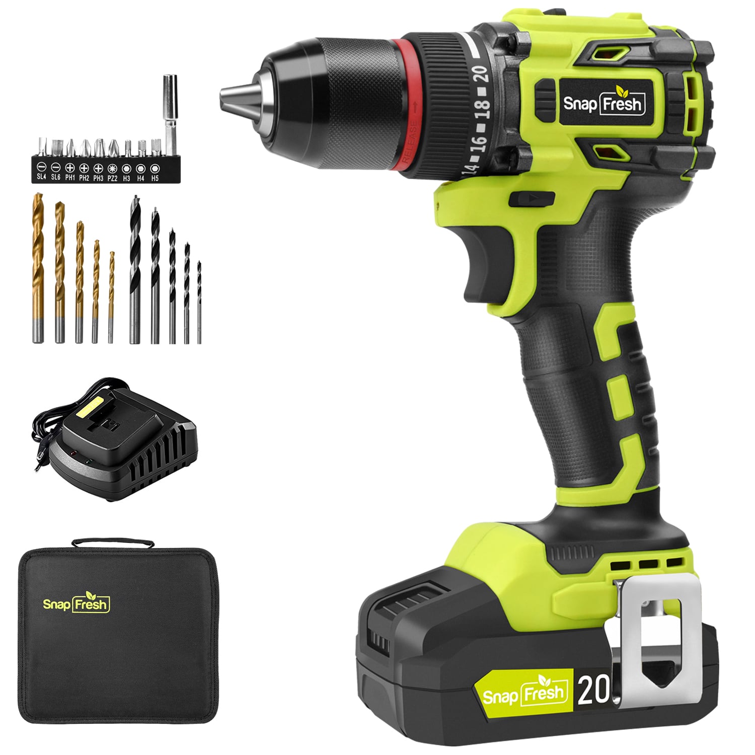 SnapFresh - 20V Brushless Cordless Drill 1/2 in Power Drill Set 2 Speeds 21+1 Torque 2.0Ah Battery Charger - Green