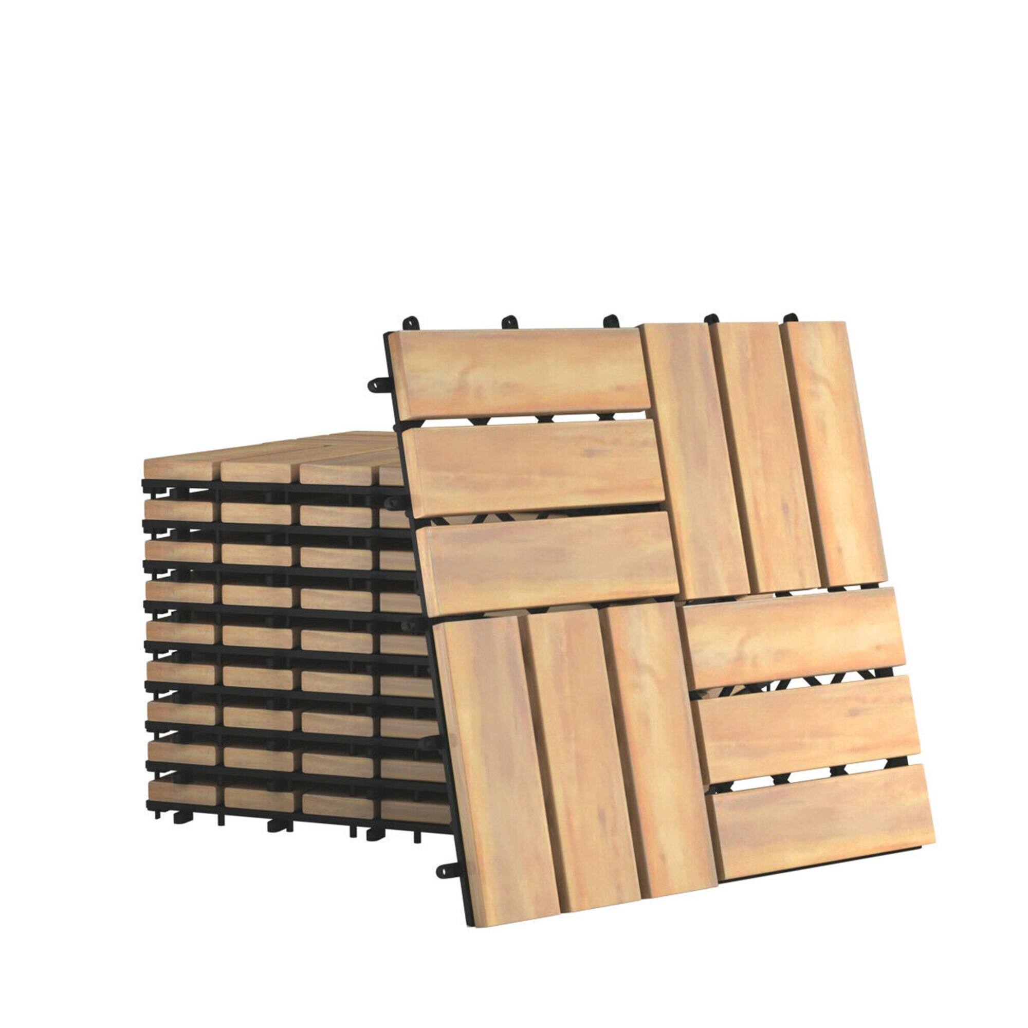 Costway - 10PCS 12" x 12" Acacia Wood Deck Tiles Interlocking Patio Pavers Check Pattern - Brown