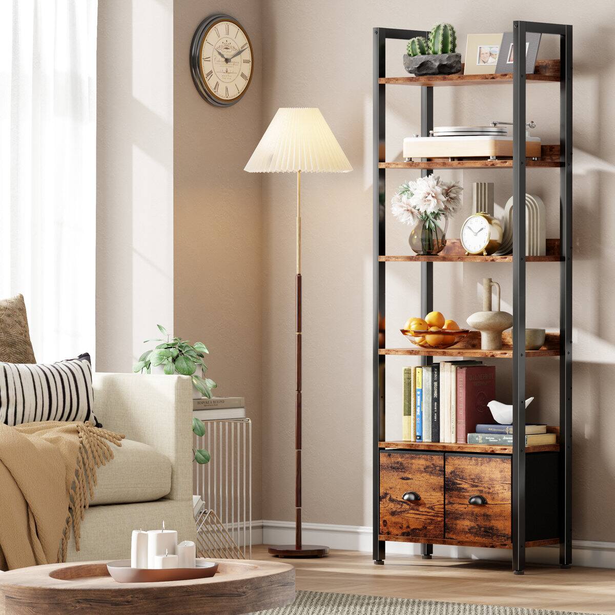 Angle. Furnulem - 6 Layers Industrial Tall Standing Bookshelf with Wood & Metal Frame 2 Storage Drawers - Brown.