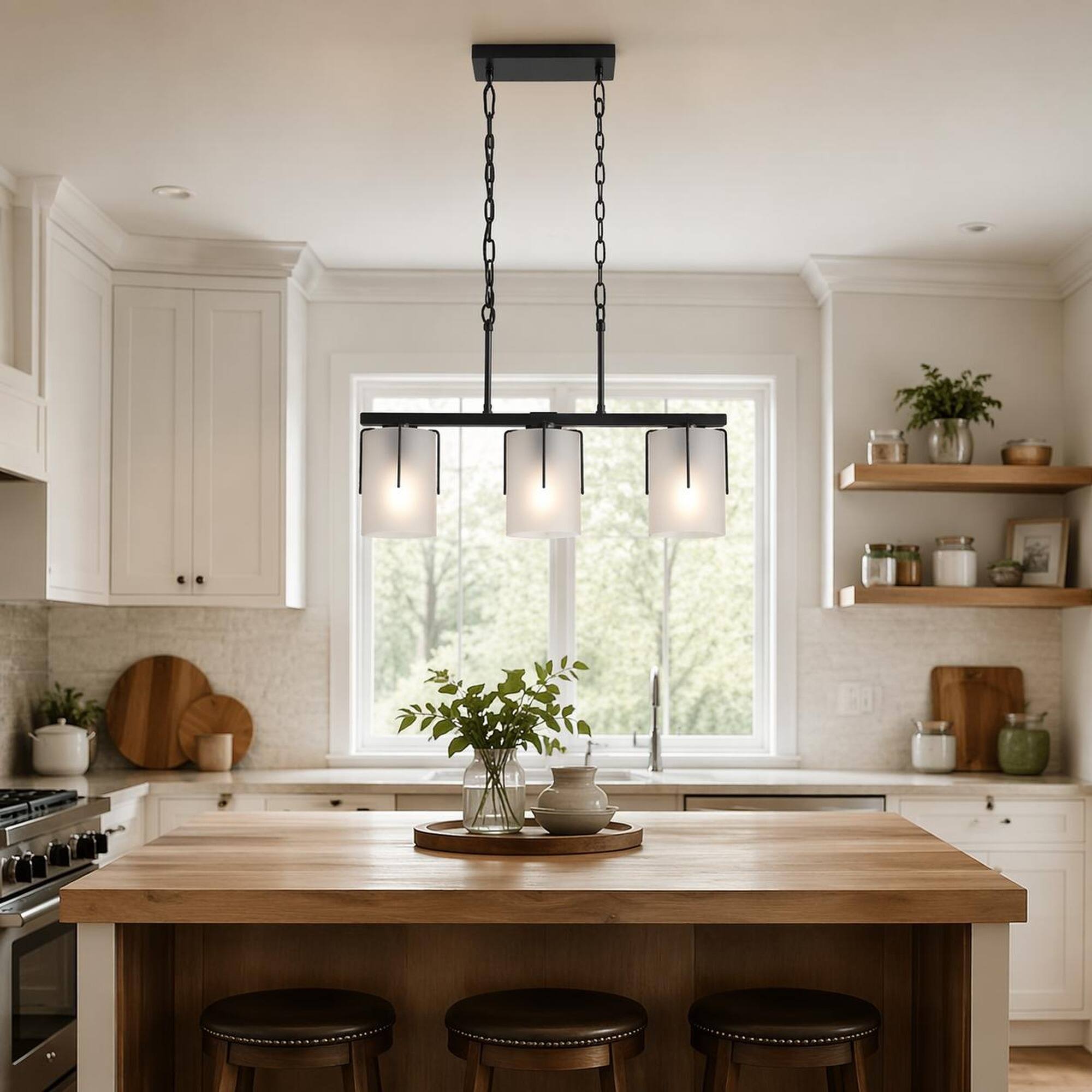 Alt View 2. RYHNUYNE - Modern 3‑Light Linear Chandelier, Kitchen Island Light Fixture for Kitchen Island, Dining Table - Black.