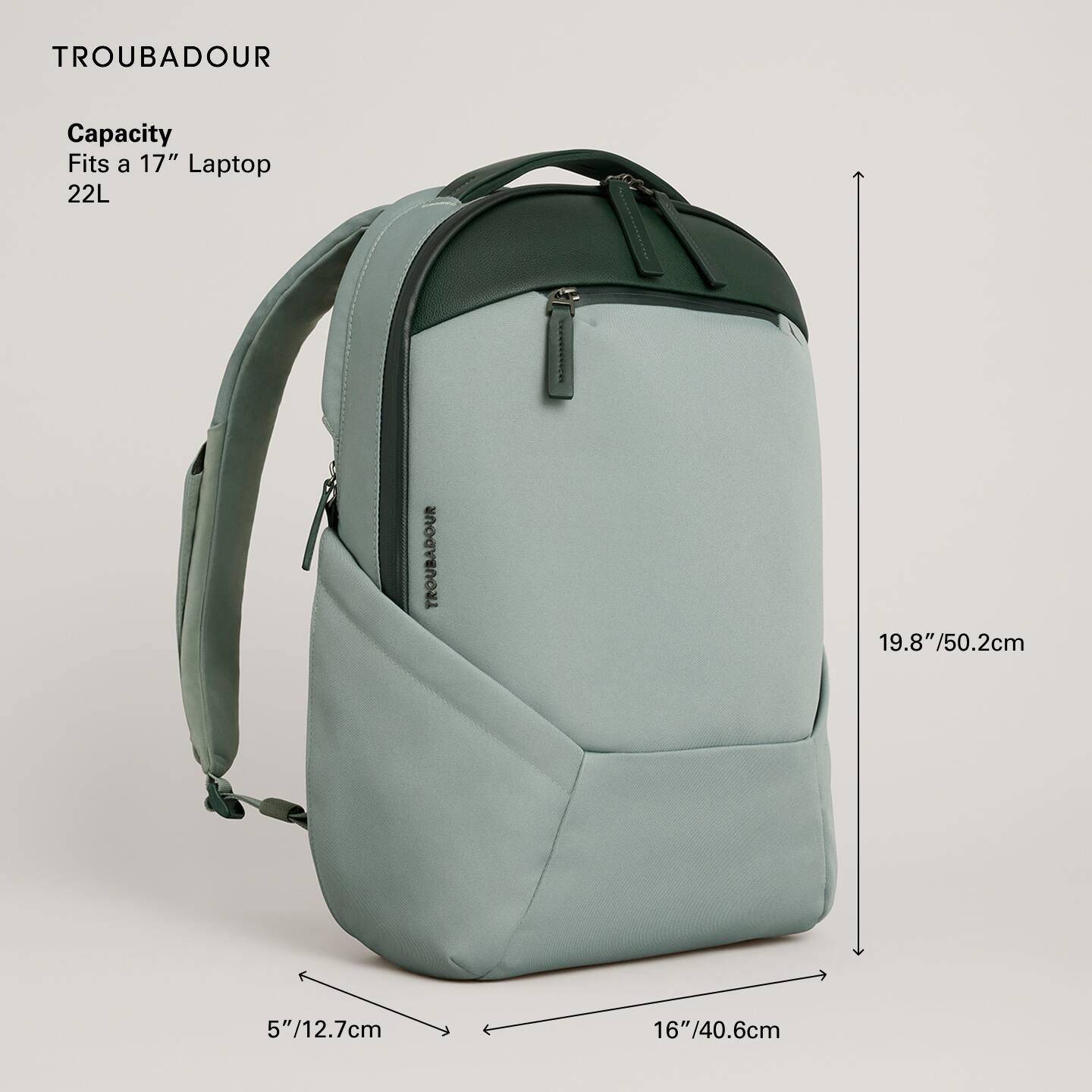 TROUBADOUR

Capacity  
Fits a 17" Laptop  
22L

19.8"/50.2cm  
16"/40.6cm  
5"/12.7cm
