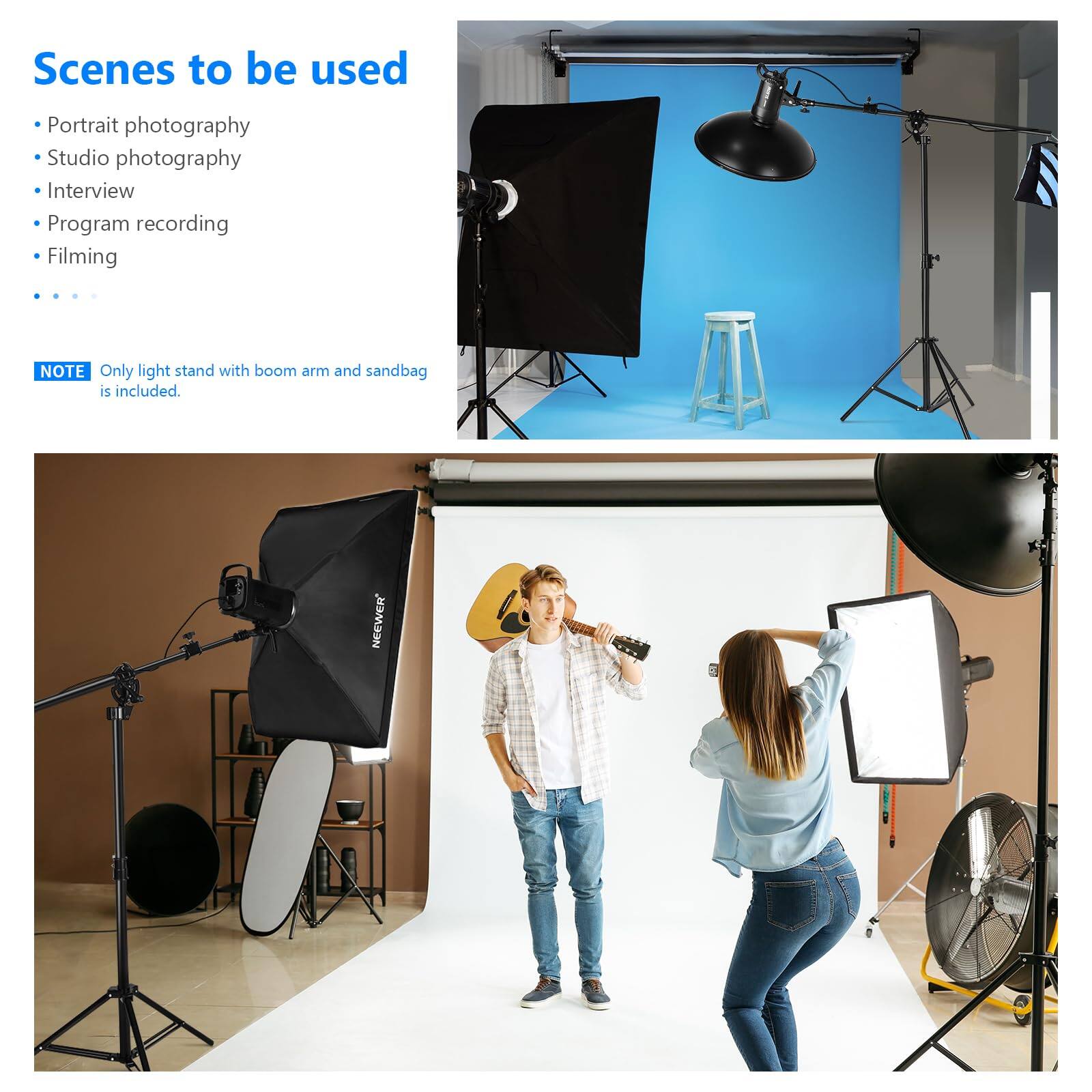 Scenes to be used  
- Portrait photography  
- Studio photography  
- Interview  
- Program recording  
- Filming  

NOTE: Only light stand with boom arm and sandbag is included.