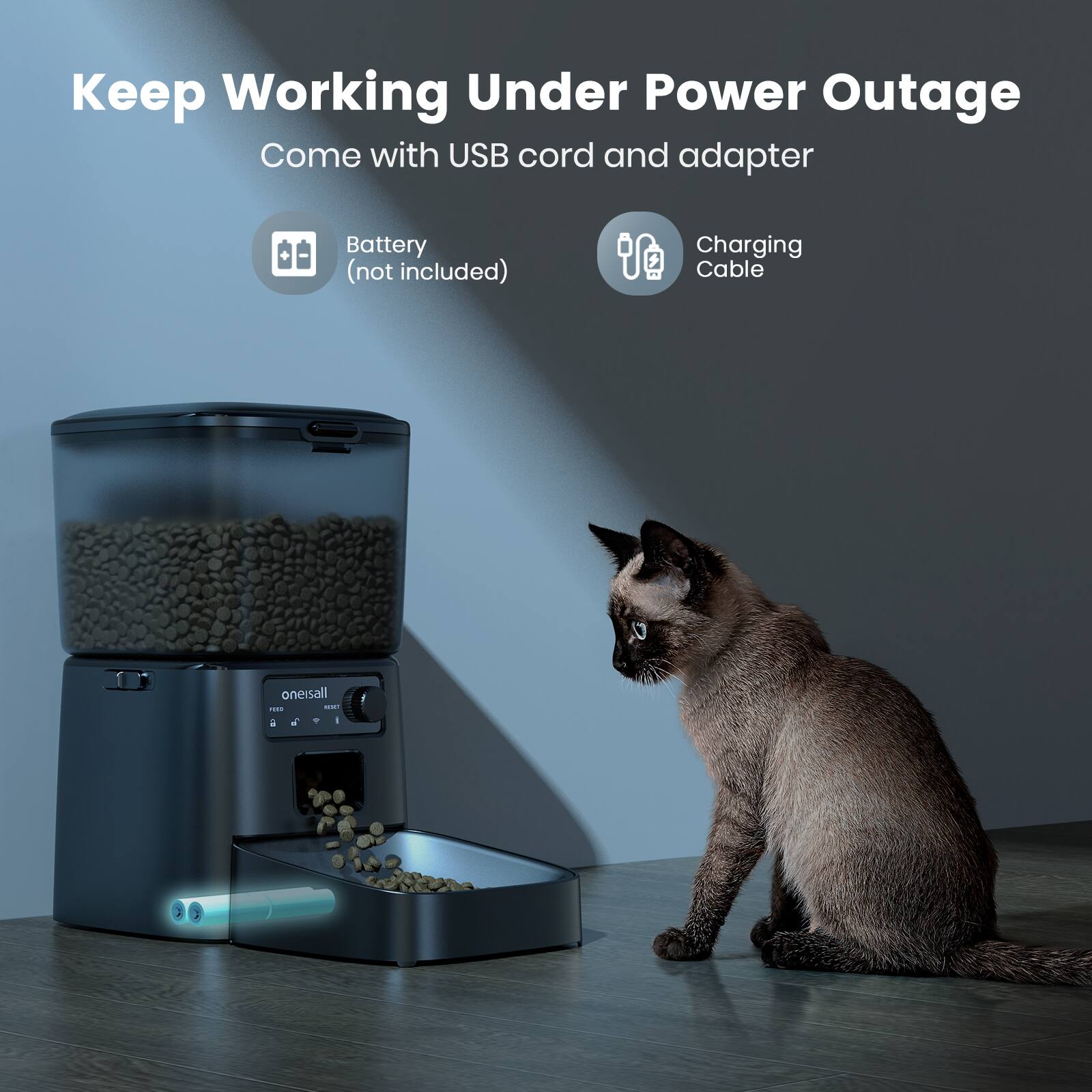 Keep Working Under Power Outage  
Come with USB cord and adapter  

Battery (not included)  
Charging Cable