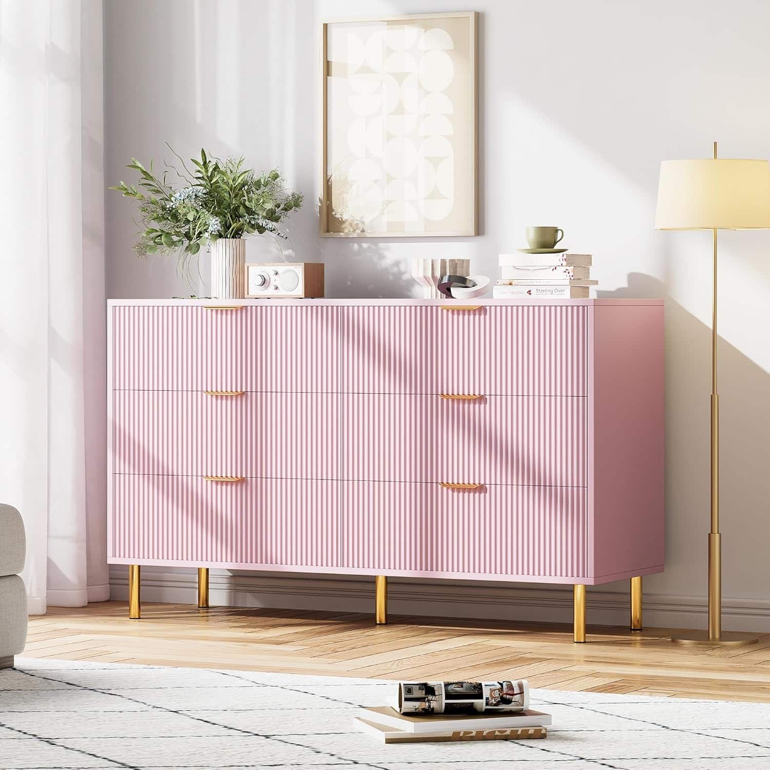 Homhougo - Modern 6 Drawer Dresser for Bedroom, Chest of Drawers with Gold Handles, Wood Storage Organizer Entryway - Pink
