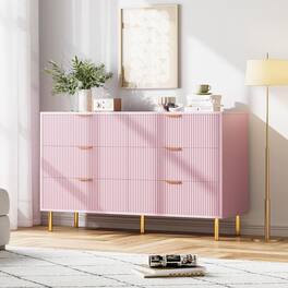 Homhougo - Modern 6 Drawer Dresser for Bedroom, Chest of Drawers with Gold Handles, Wood Storage Organizer Entryway - Pink